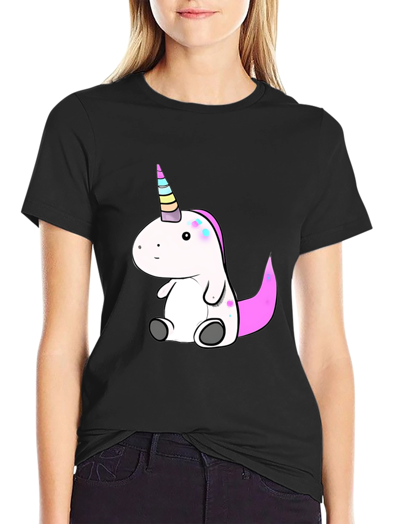Black Cute Unicorn Graphic Tee - Black Cotton T-Shirt view 2