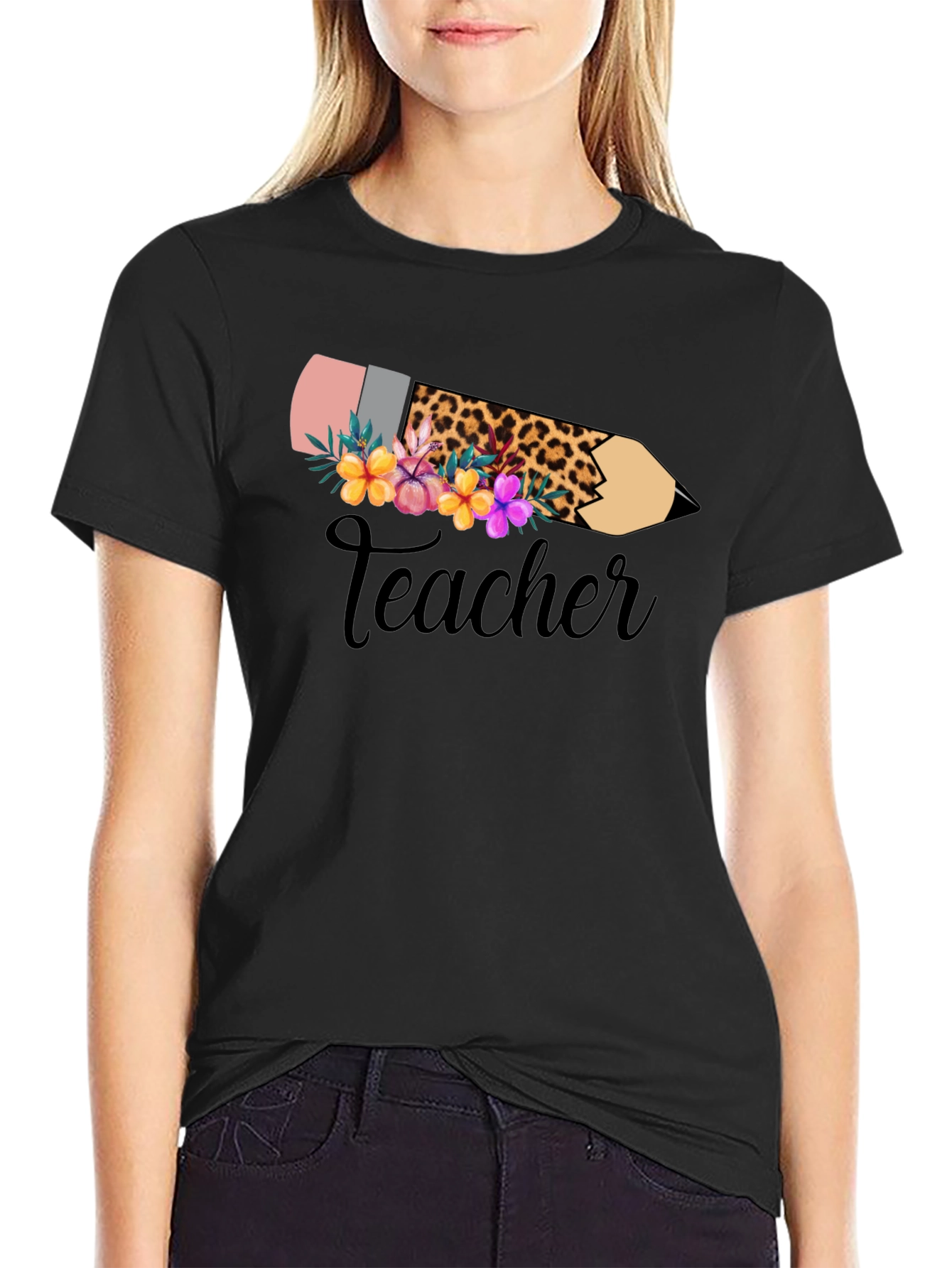 Black Floral Teacher Pencil Graphic Tee - Black view 2