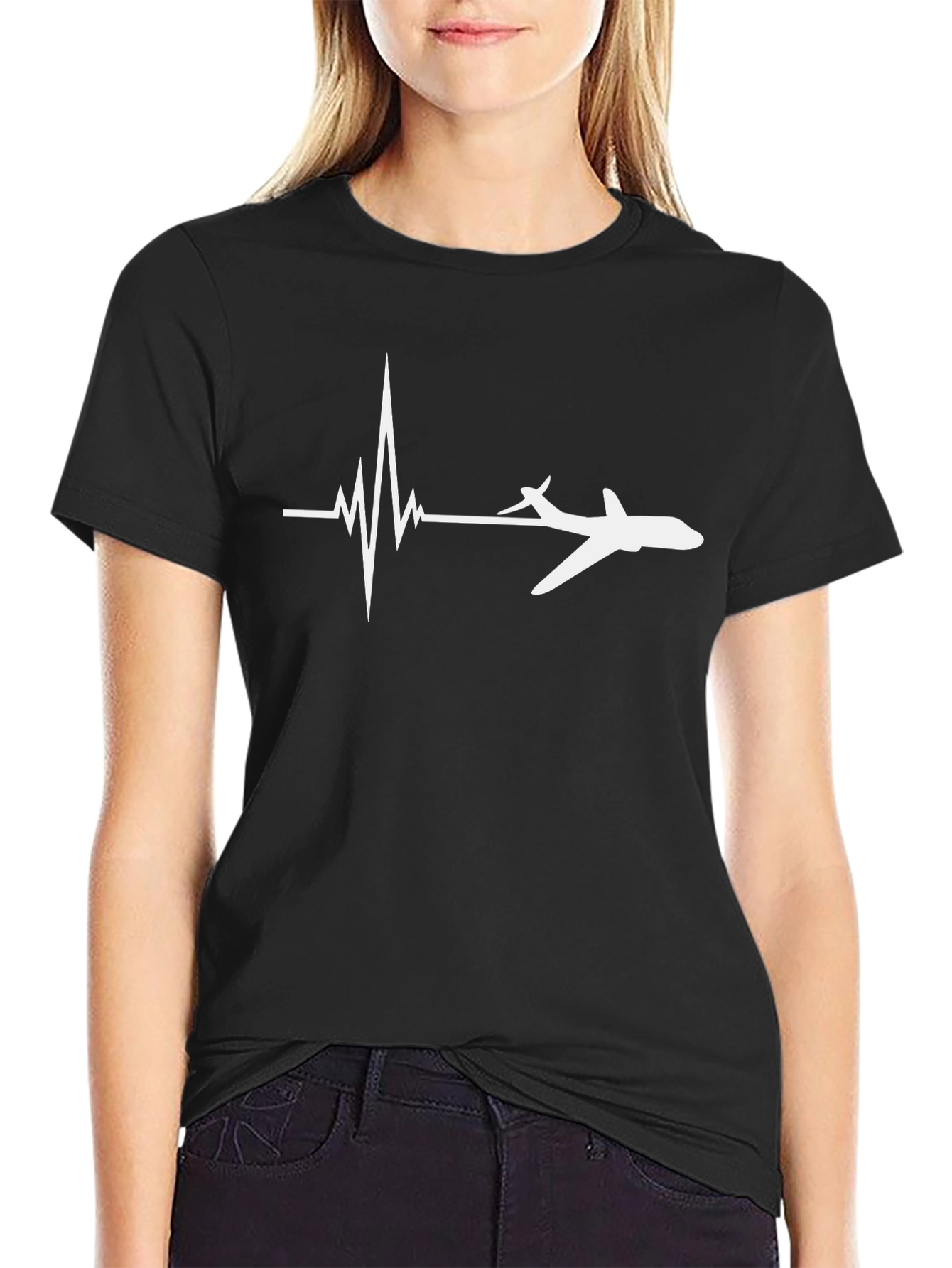 Black Pilot Heartbeat T-Shirt - Aviation Lover Tee view 2