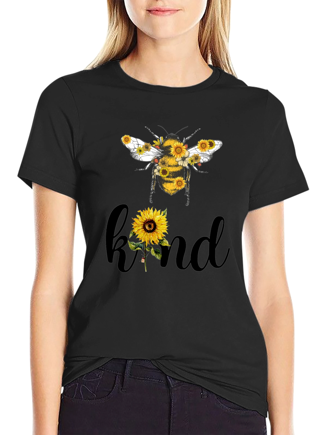 Black Sunflower Bee Kind Graphic T-Shirt view 2