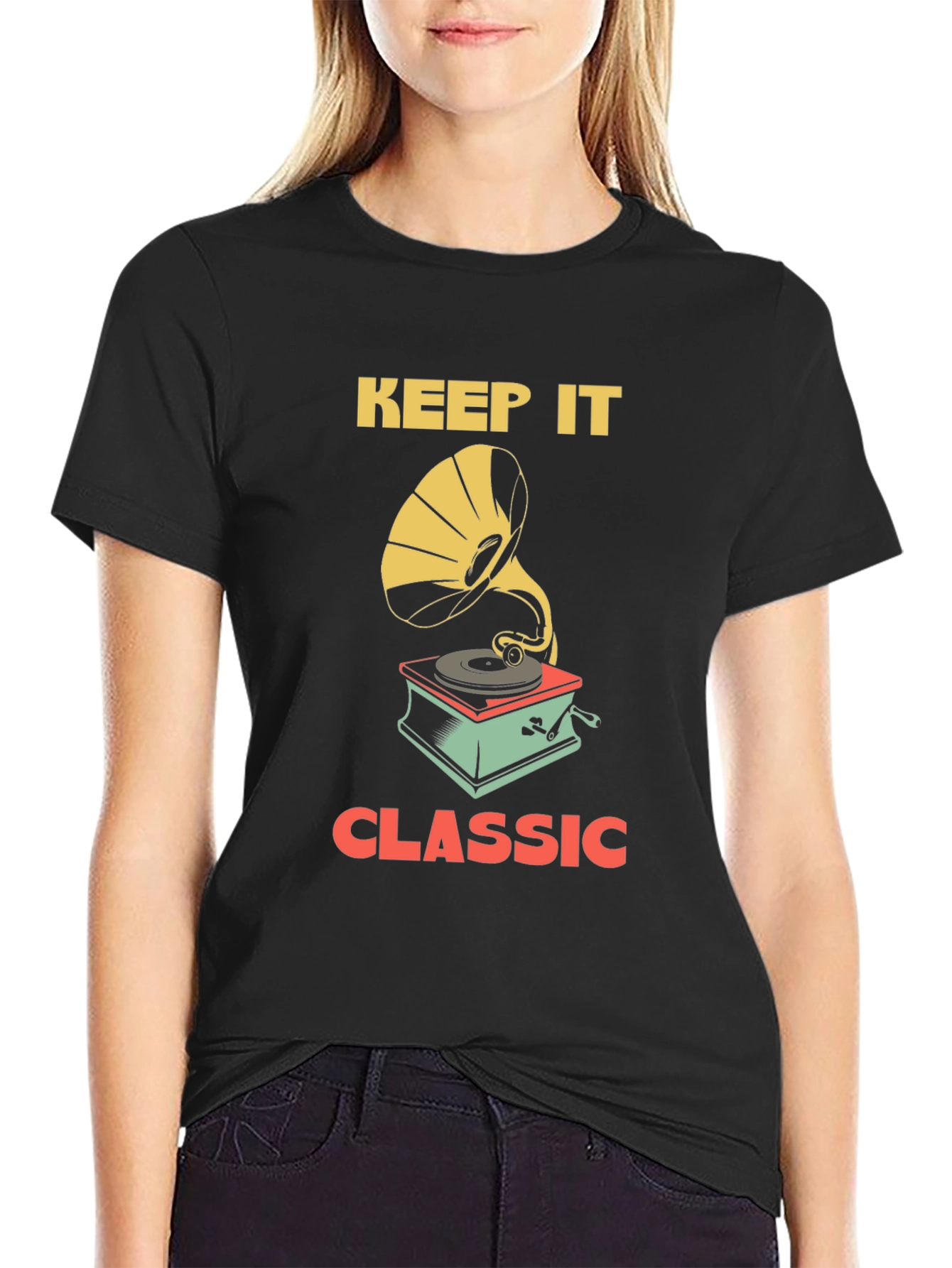 Black Keep It Classic Tee - Vintage Gramophone Design view 2