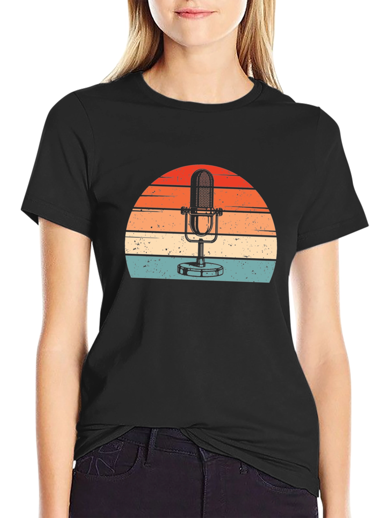 Black Vintage Microphone Sunset Graphic Tee view 2
