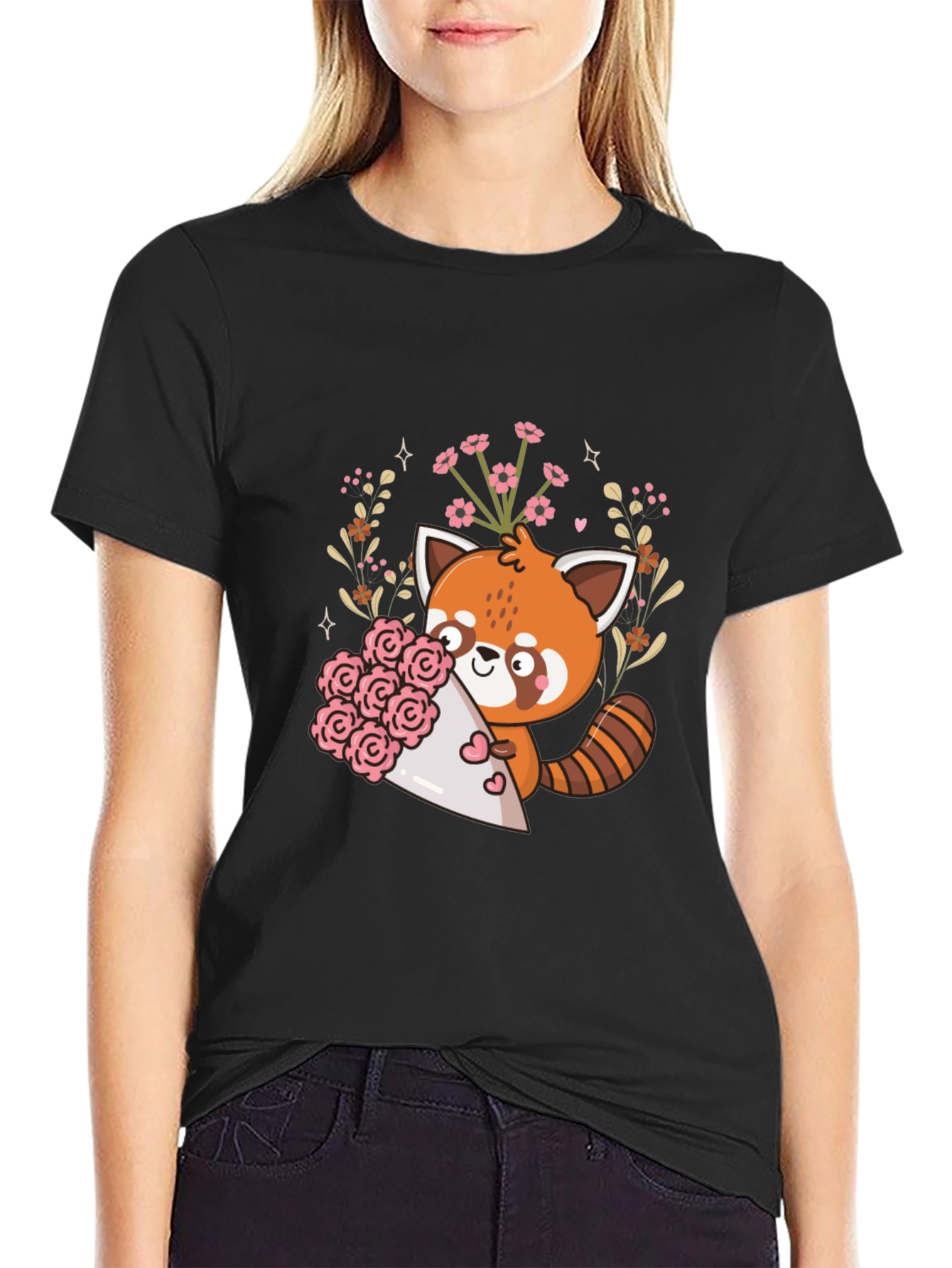 Black Cute Red Panda Floral Bouquet Graphic Tee view 2