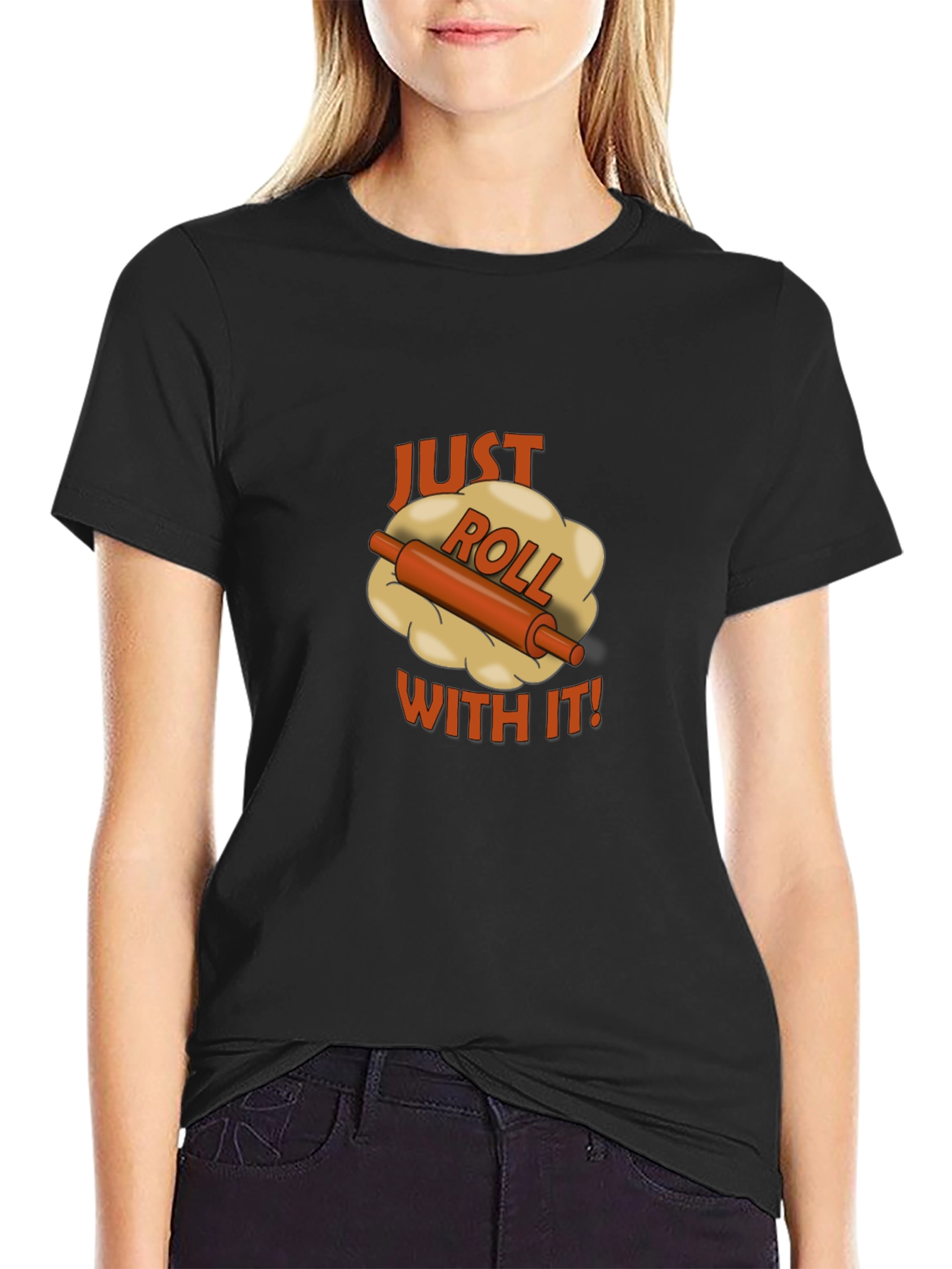 Black Just Roll With It Black T-Shirt - Funny Baking Tee view 2