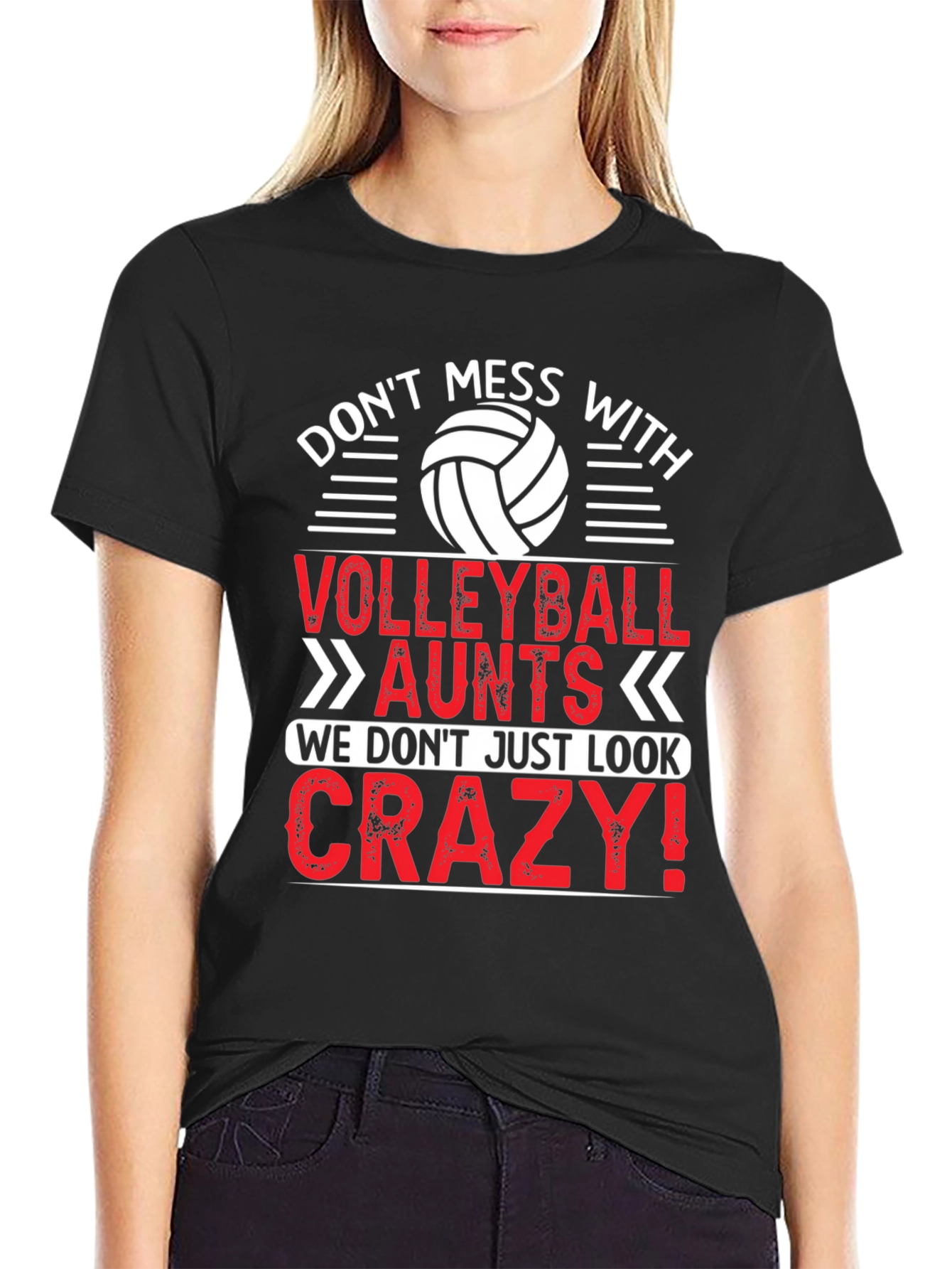 Black Volleyball Aunts Crazy Look T-Shirt view 2