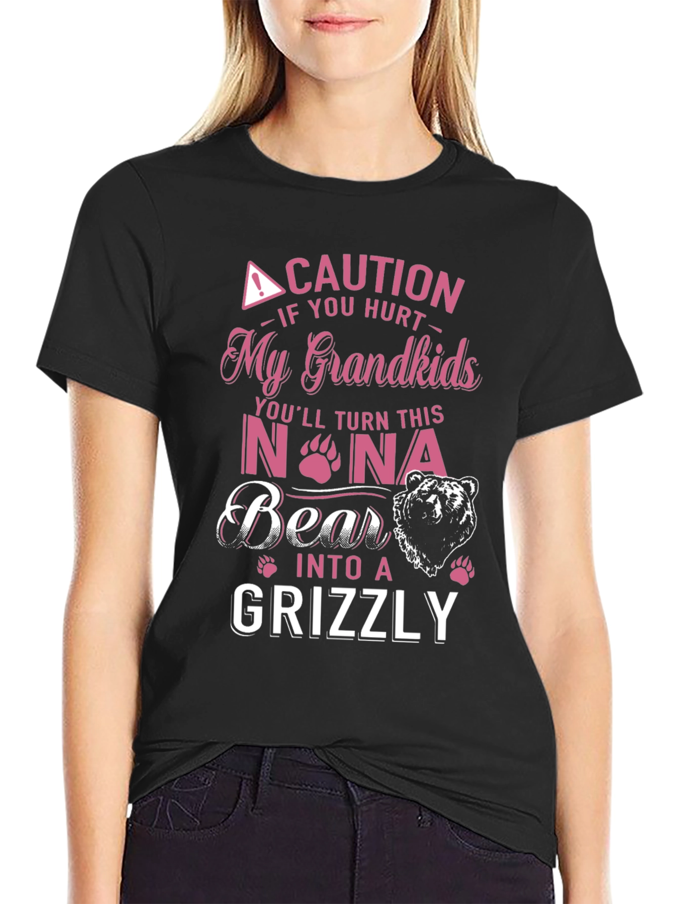 Black Caution Hurt My Grandkids Nona Bear Grizzly T-Shirt view 2