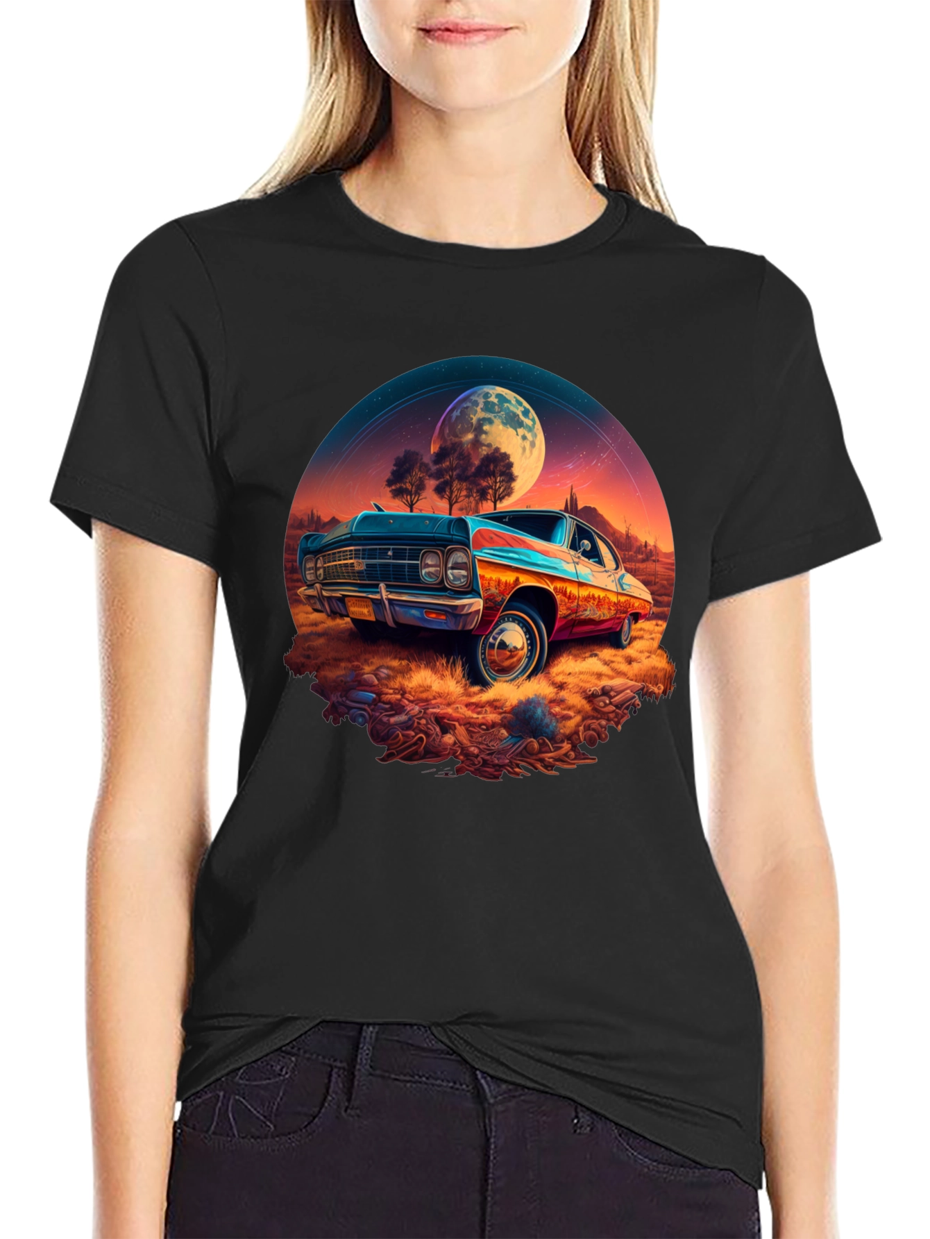 Black Vintage Car Moonscape Graphic Tee view 2