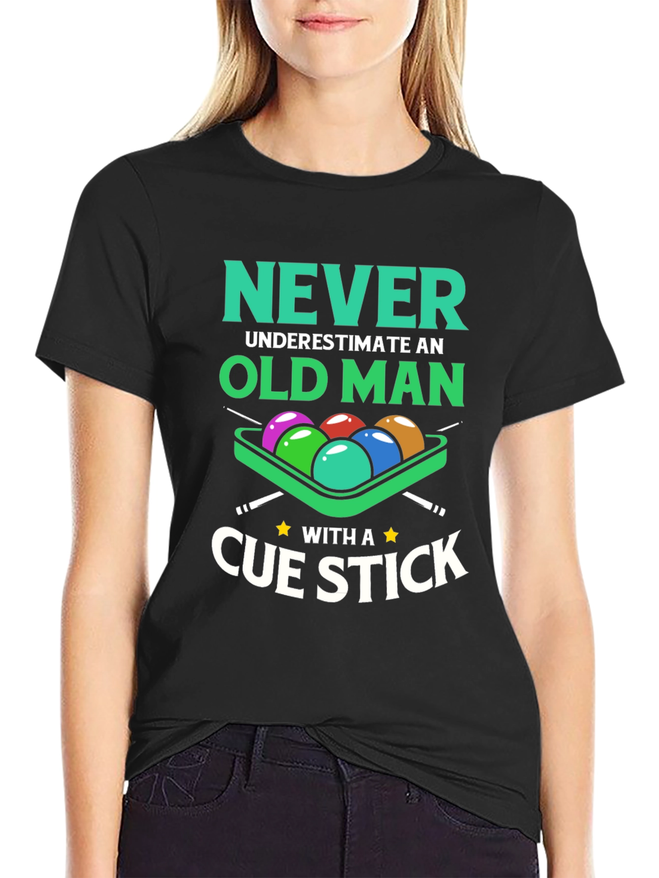 Black Never Underestimate Old Man Cue Stick Graphic Tee view 2