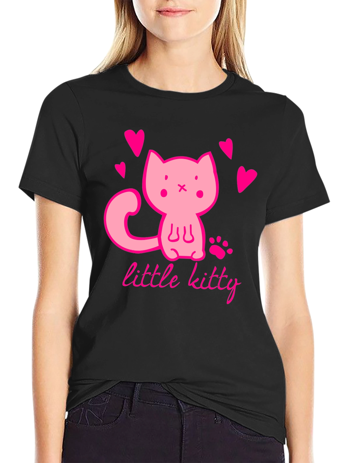 Black Cute Pink Kitten Black T-Shirt view 2