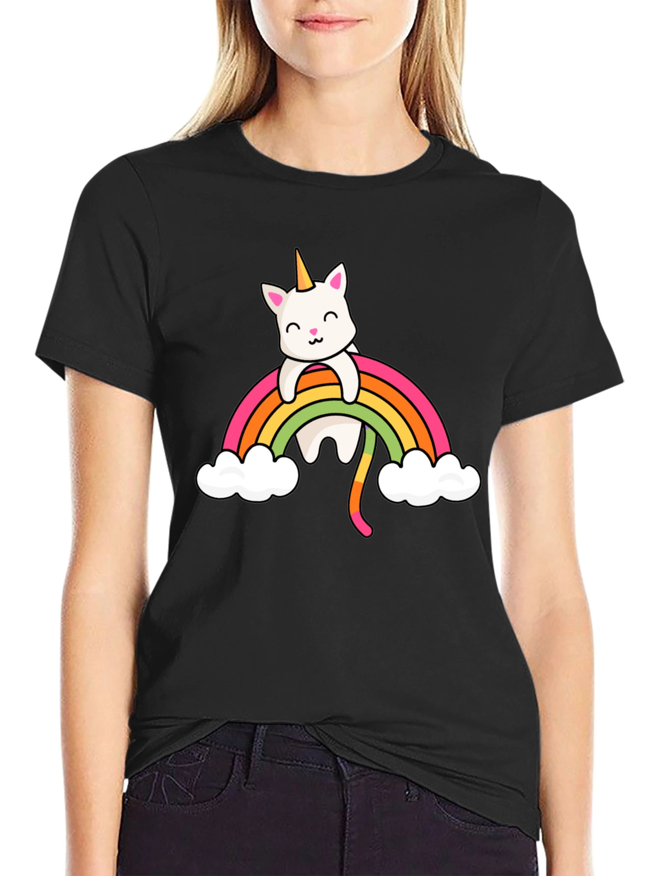 Black Unicorn Cat Rainbow T-Shirt view 2