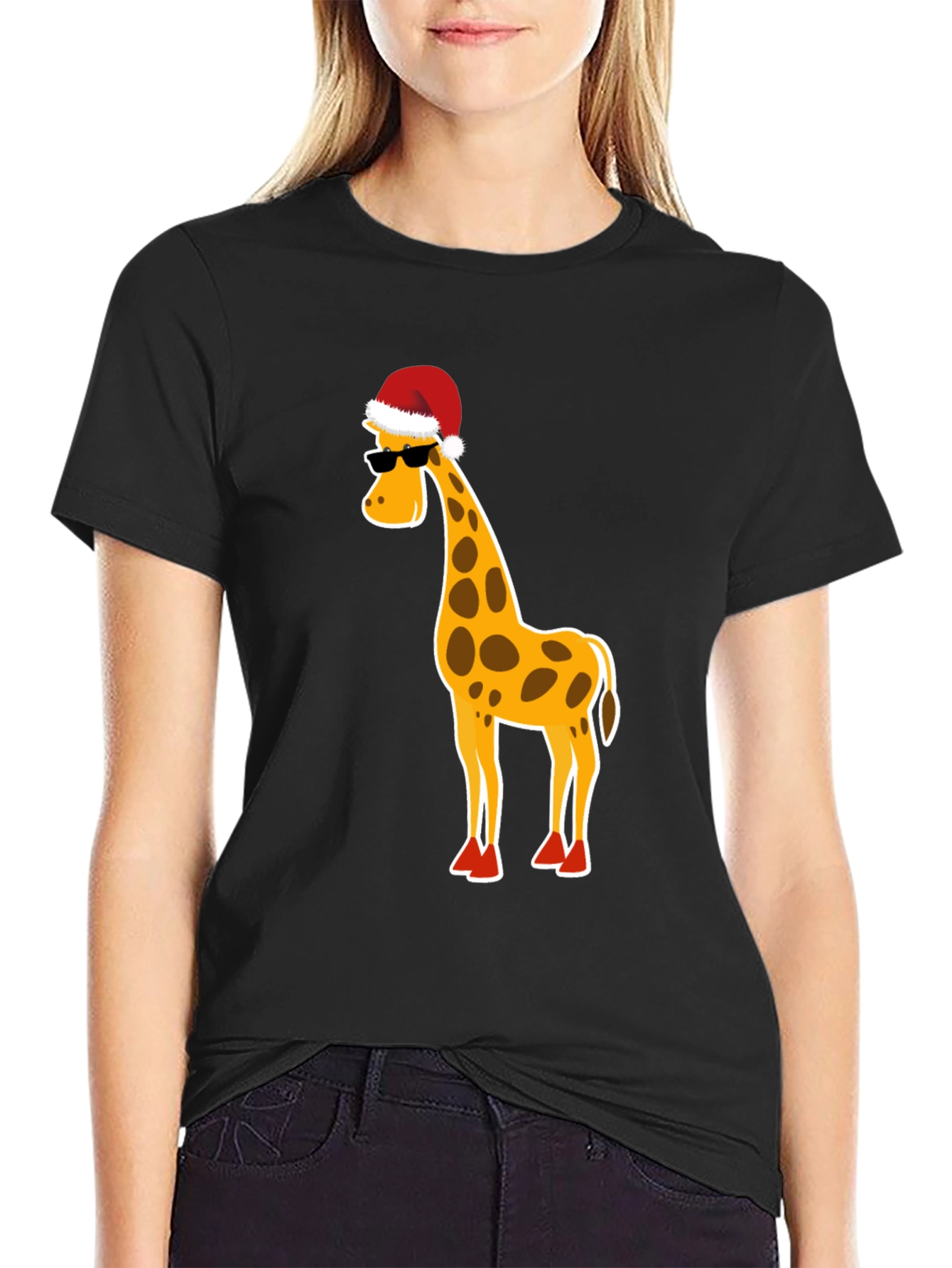 Black Festive Giraffe T-Shirt: Holiday Humor Apparel view 2