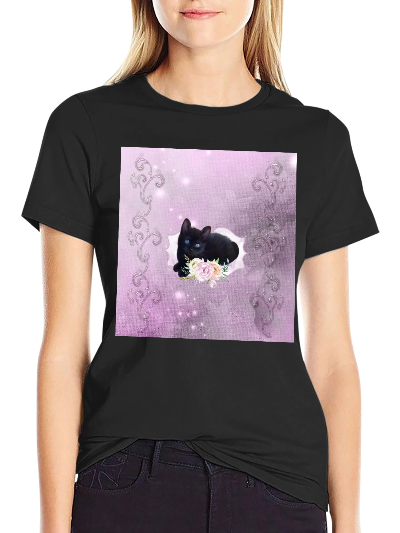 Black Black Kitten Floral T-Shirt view 2