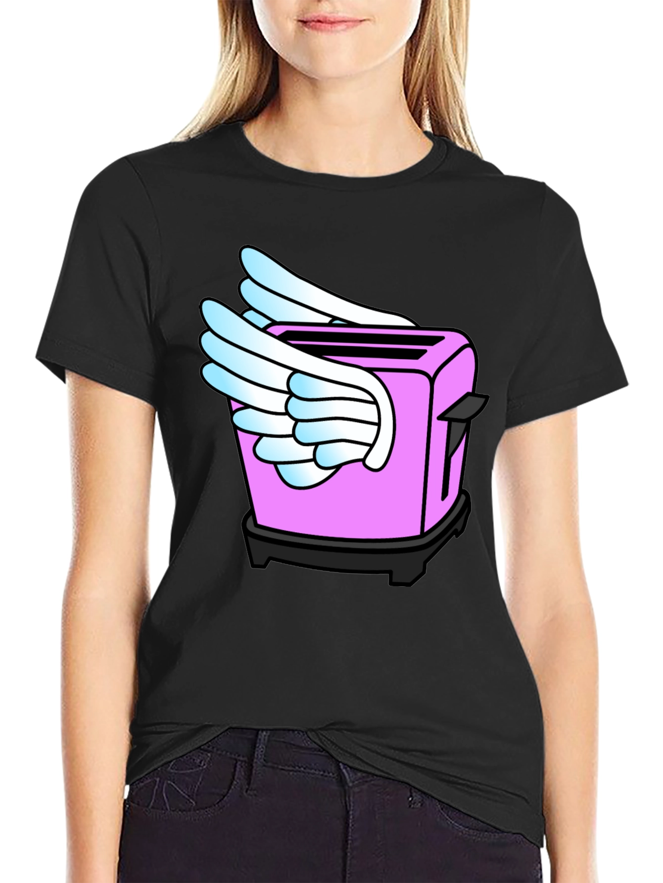 Black Whimsical Toaster Wings Black T-Shirt view 2