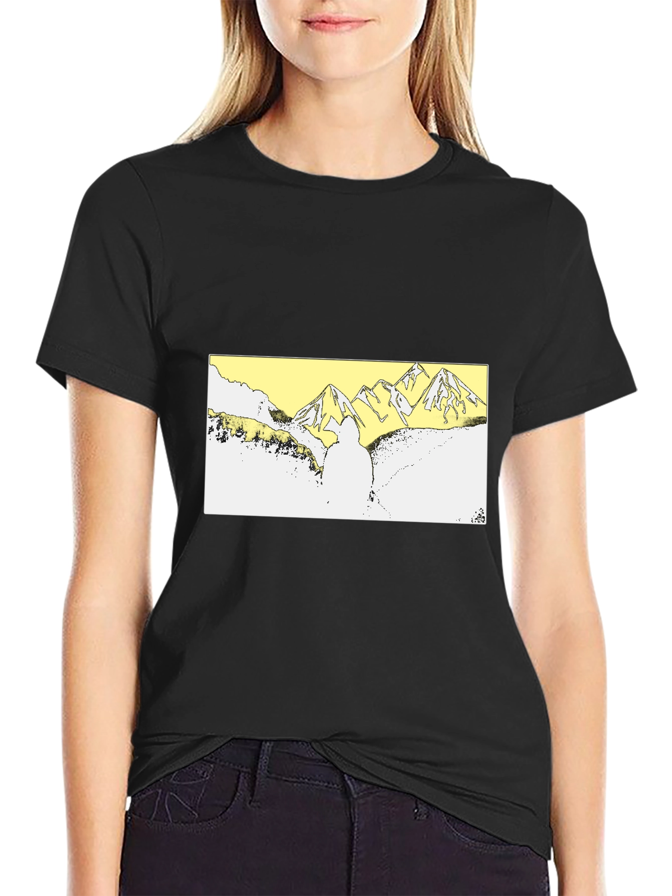 Black Black T-Shirt with Mountain Landscape Graphic view 2