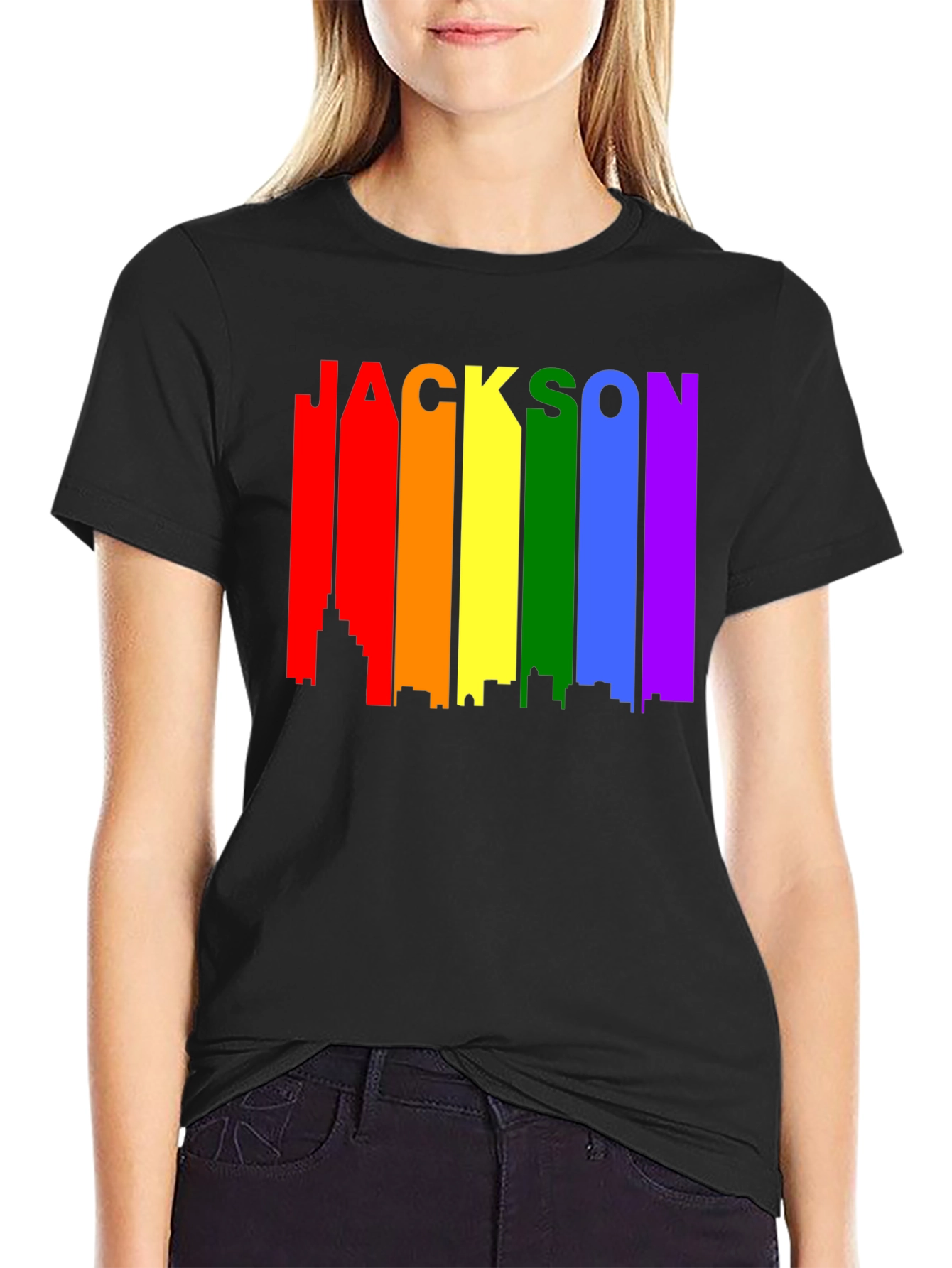 Black Jackson Rainbow Skyline Pride T-Shirt view 2