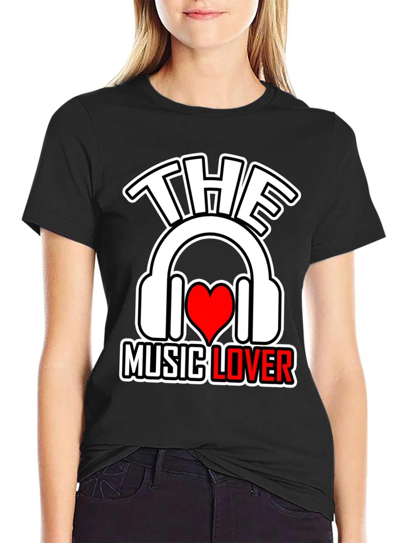 Black The Music Lover T-Shirt - Headphones & Heart view 2
