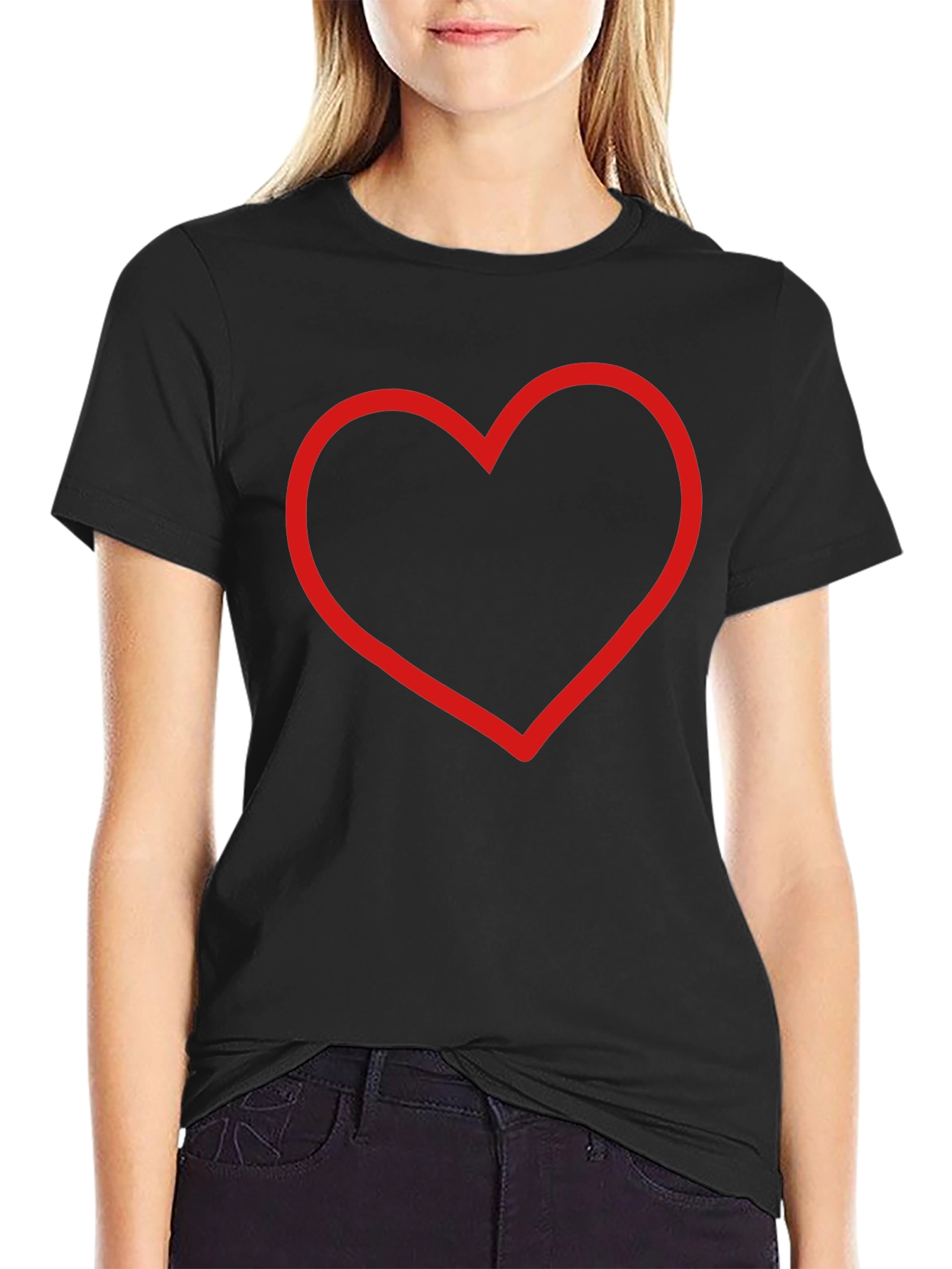 Black Red Heart Outline Black T-Shirt - Stylish & Simple view 2