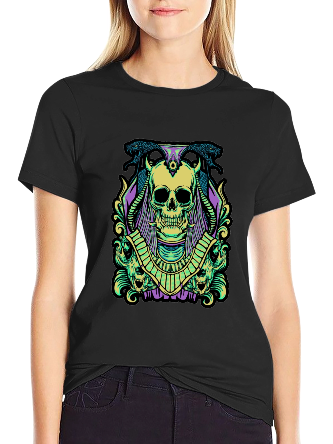 Black Skull & Snake Graphic Tee - Black Cotton view 2