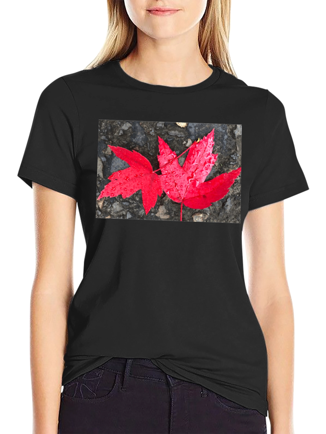 Black Red Maple Leaf Graphic T-Shirt view 2