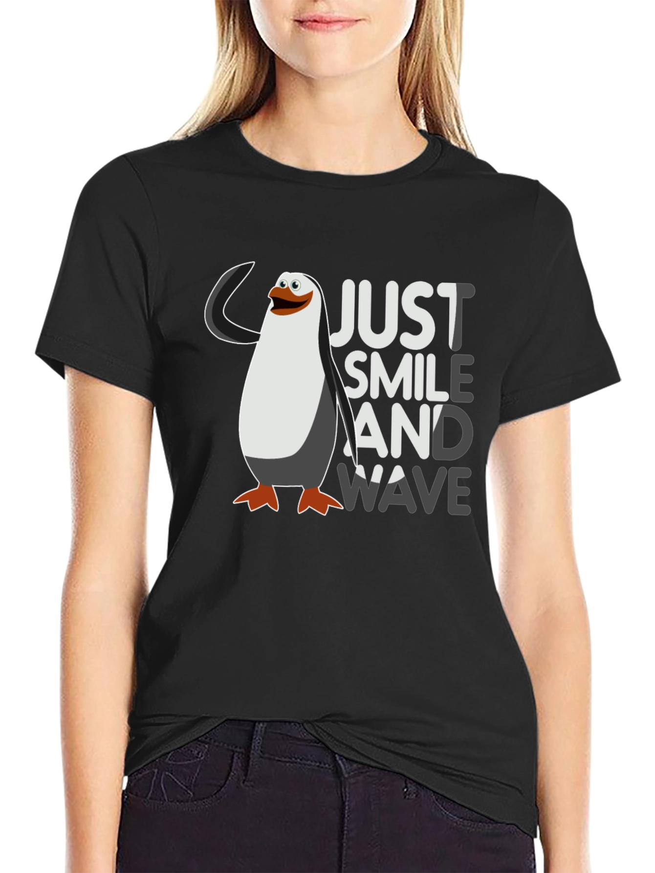 Black Just Smile and Wave Penguin T-Shirt view 2