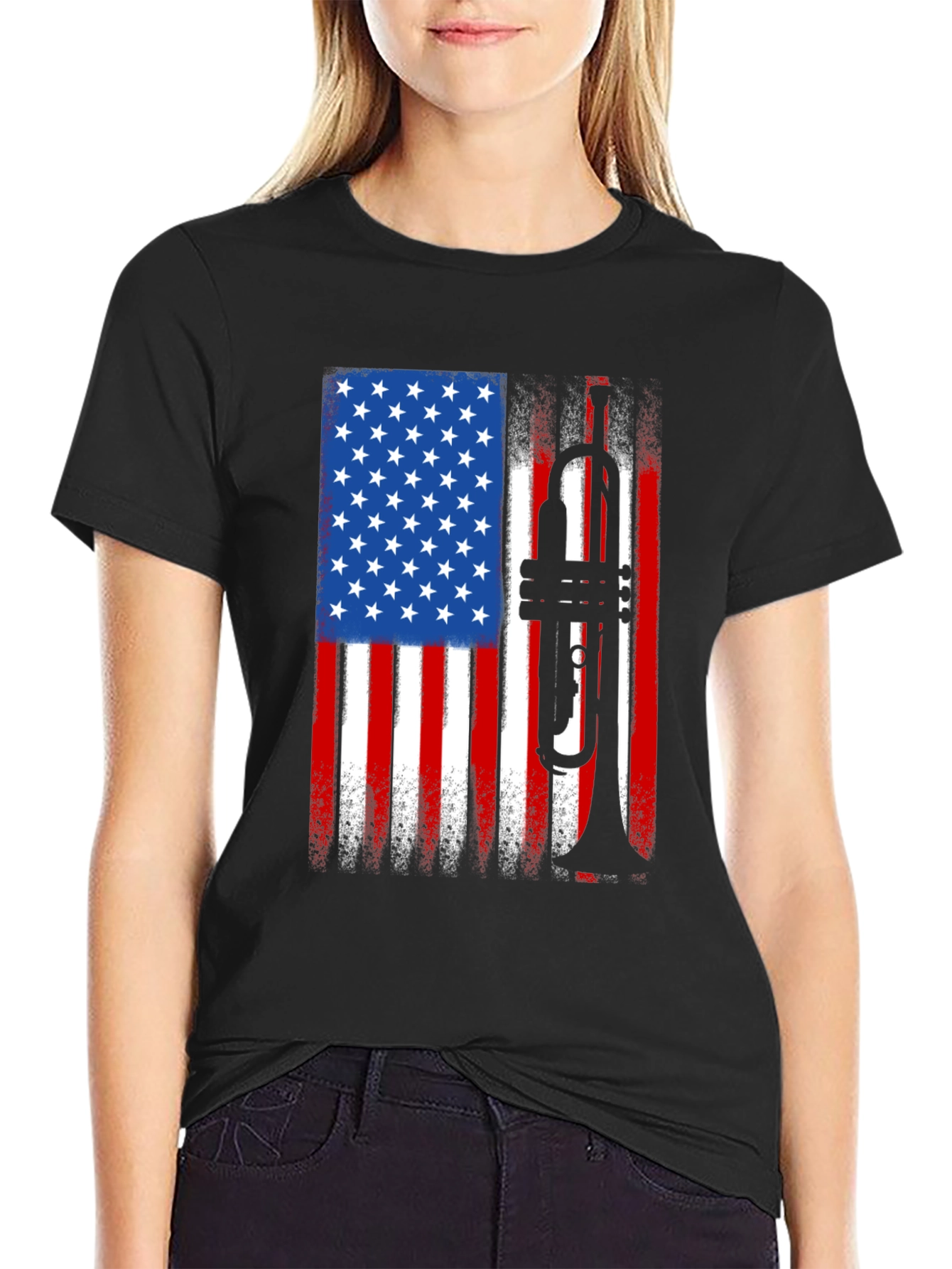 Black USA Flag Trumpet Graphic Tee - Patriotic Musician Shirt view 2