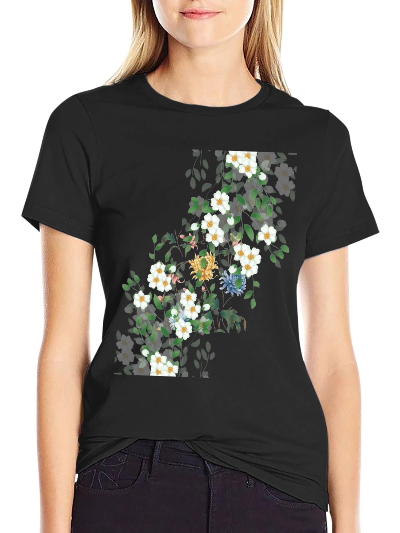 Black Floral Print T-Shirt - Nature Inspired Design view 2
