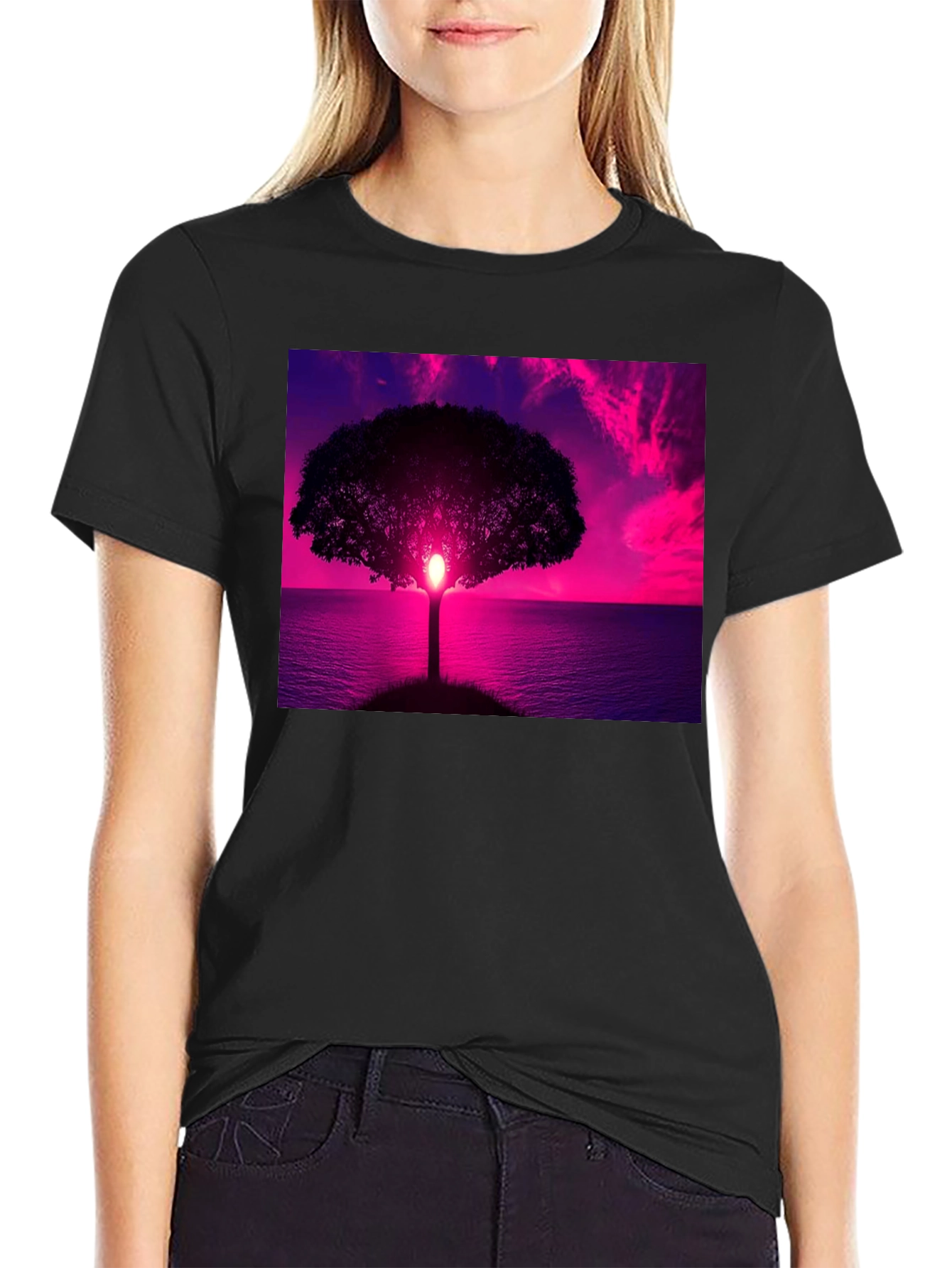 Black Sunset Tree Graphic Tee - Black Cotton Comfort view 2