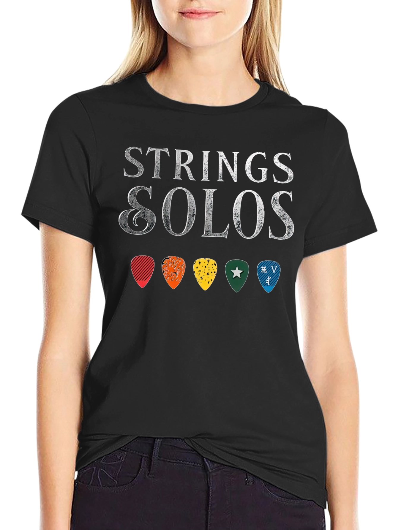 Black Strings & Solos Guitar Pick T-Shirt - Music Lover Tee view 2