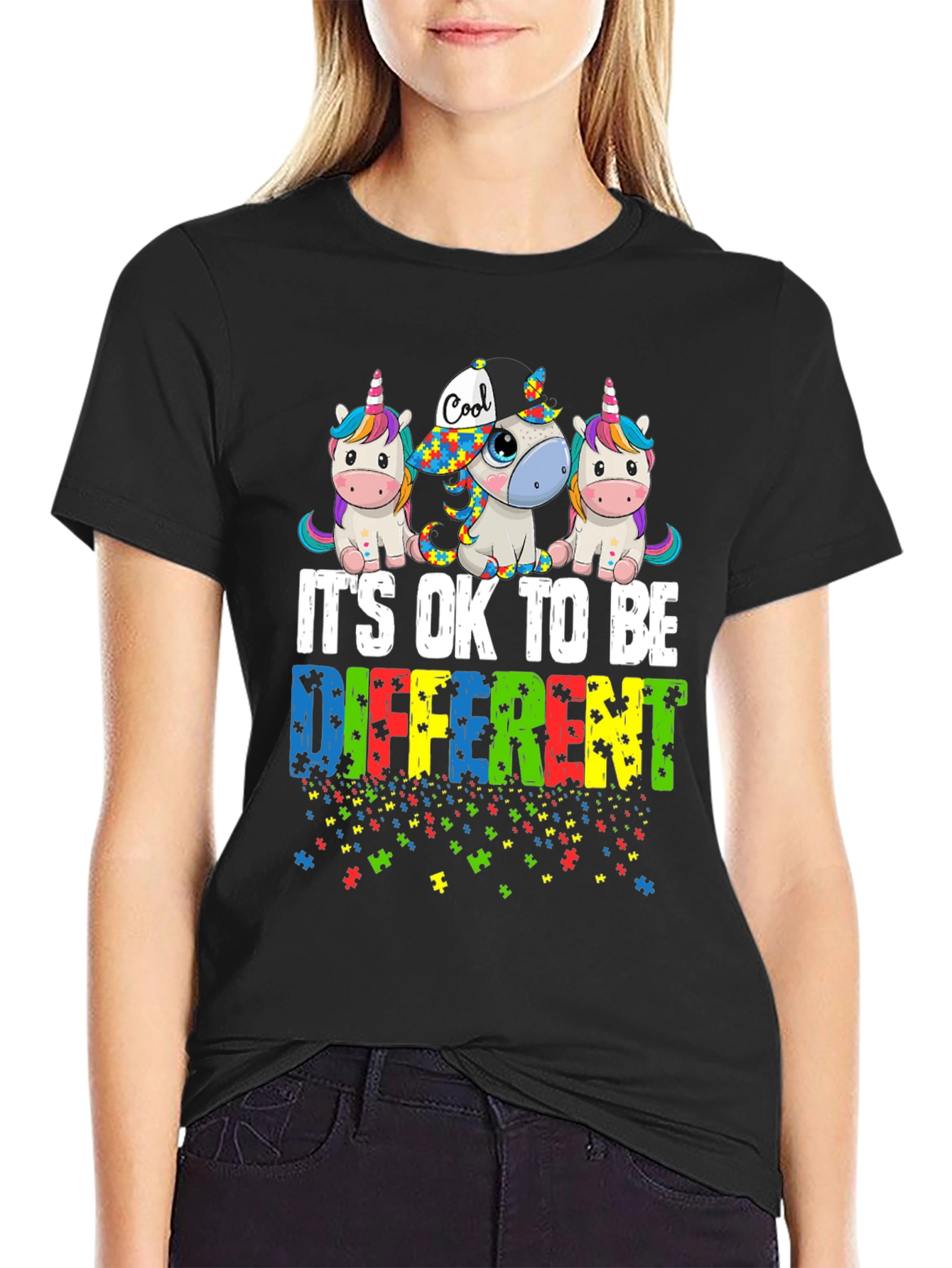 Black Autism Awareness Unicorn T-Shirt - It's OK To Be Different view 2