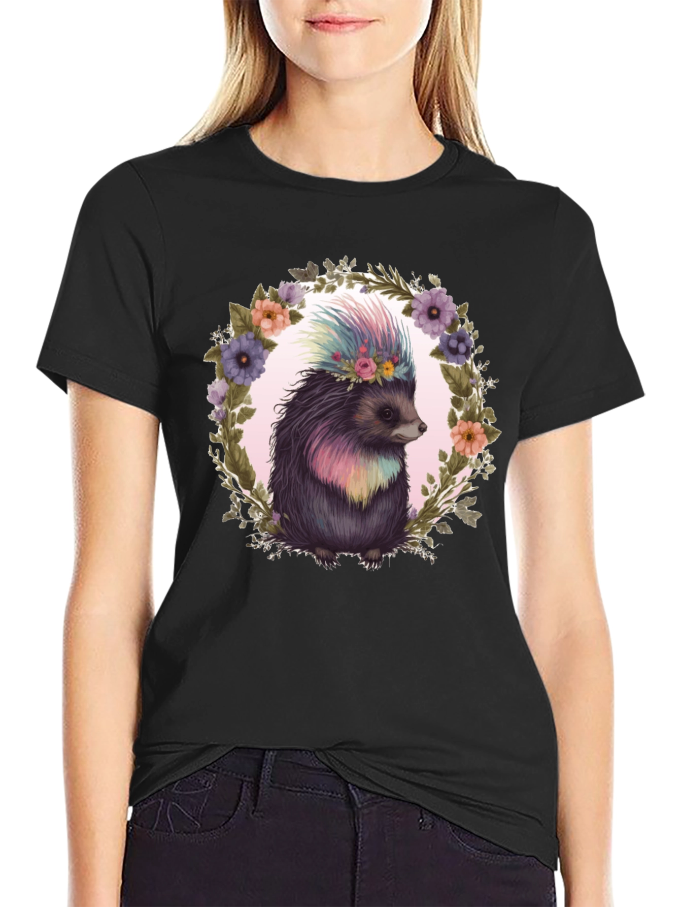 Black Floral Hedgehog Graphic Tee view 2