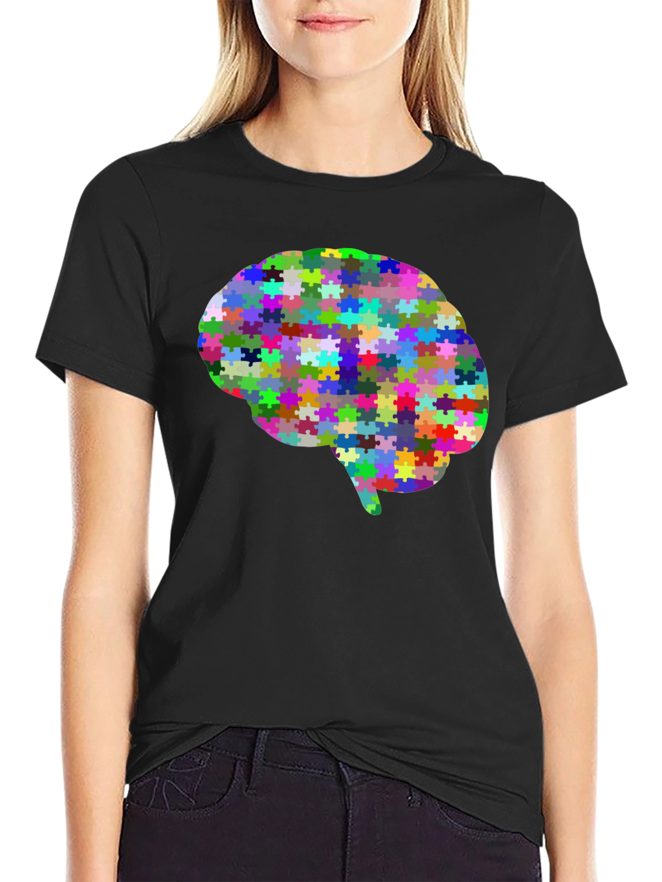 Black Brain Puzzle T-Shirt - Colorful Mind Tee view 2