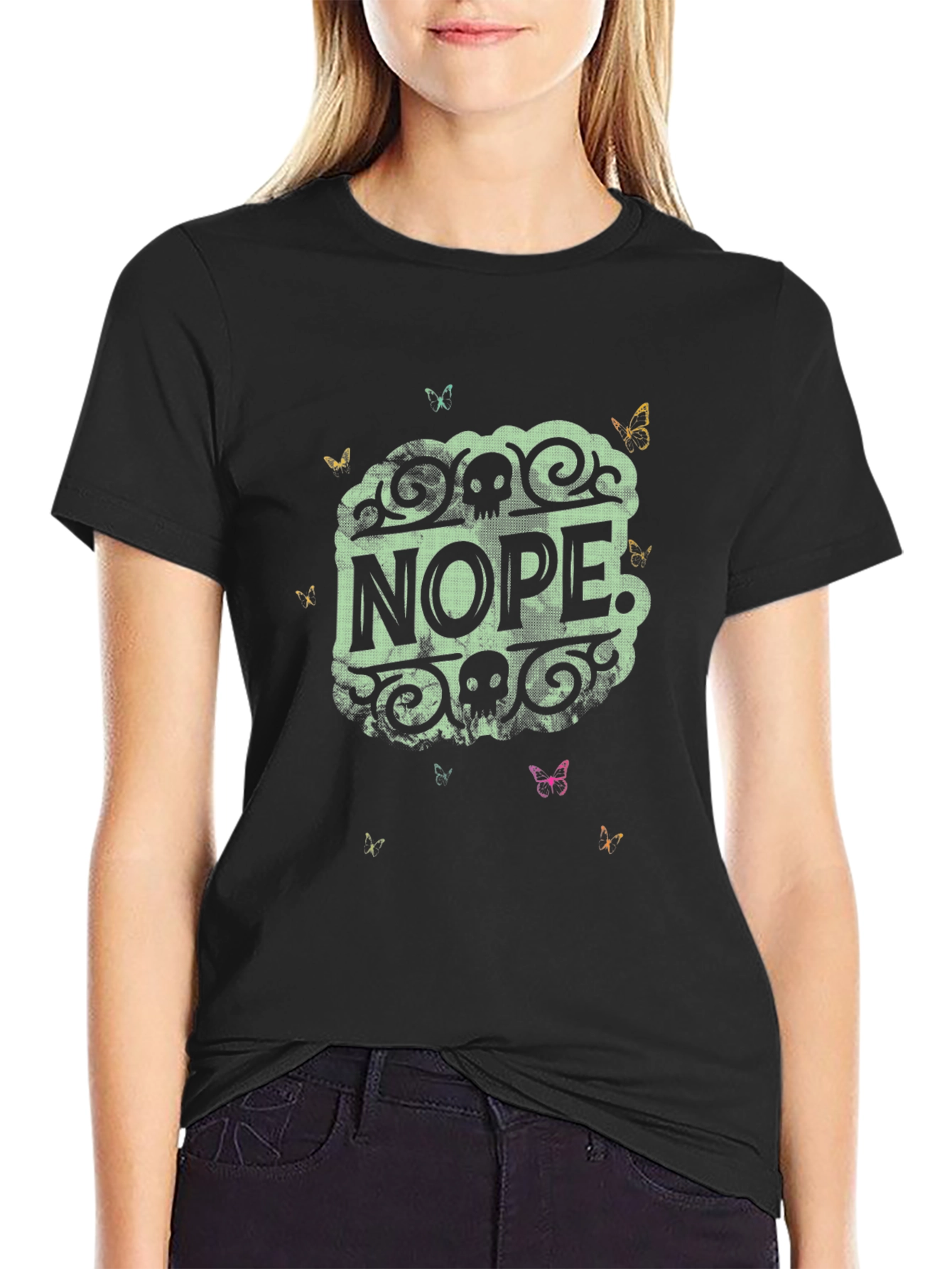 Black Nope Skull Butterfly Graphic Tee view 2