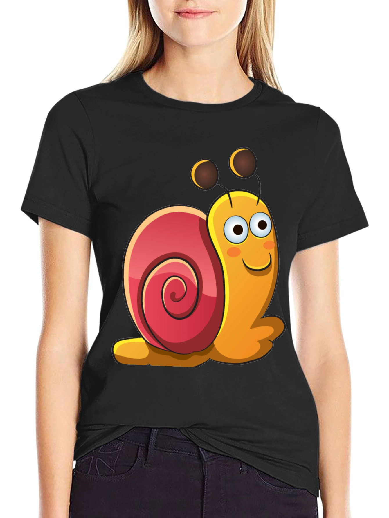 Black Cartoon Snail Graphic Black T-Shirt view 2