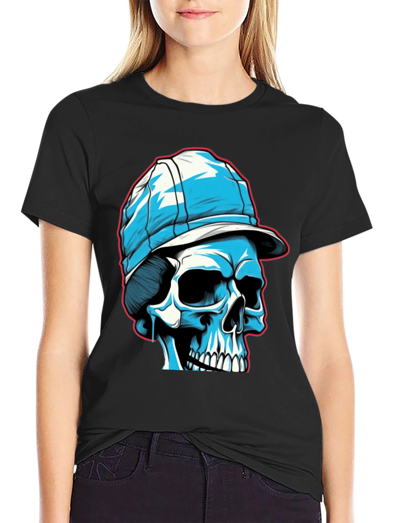 Black Skull in Cap Graphic Tee - Black Cotton Blend view 2