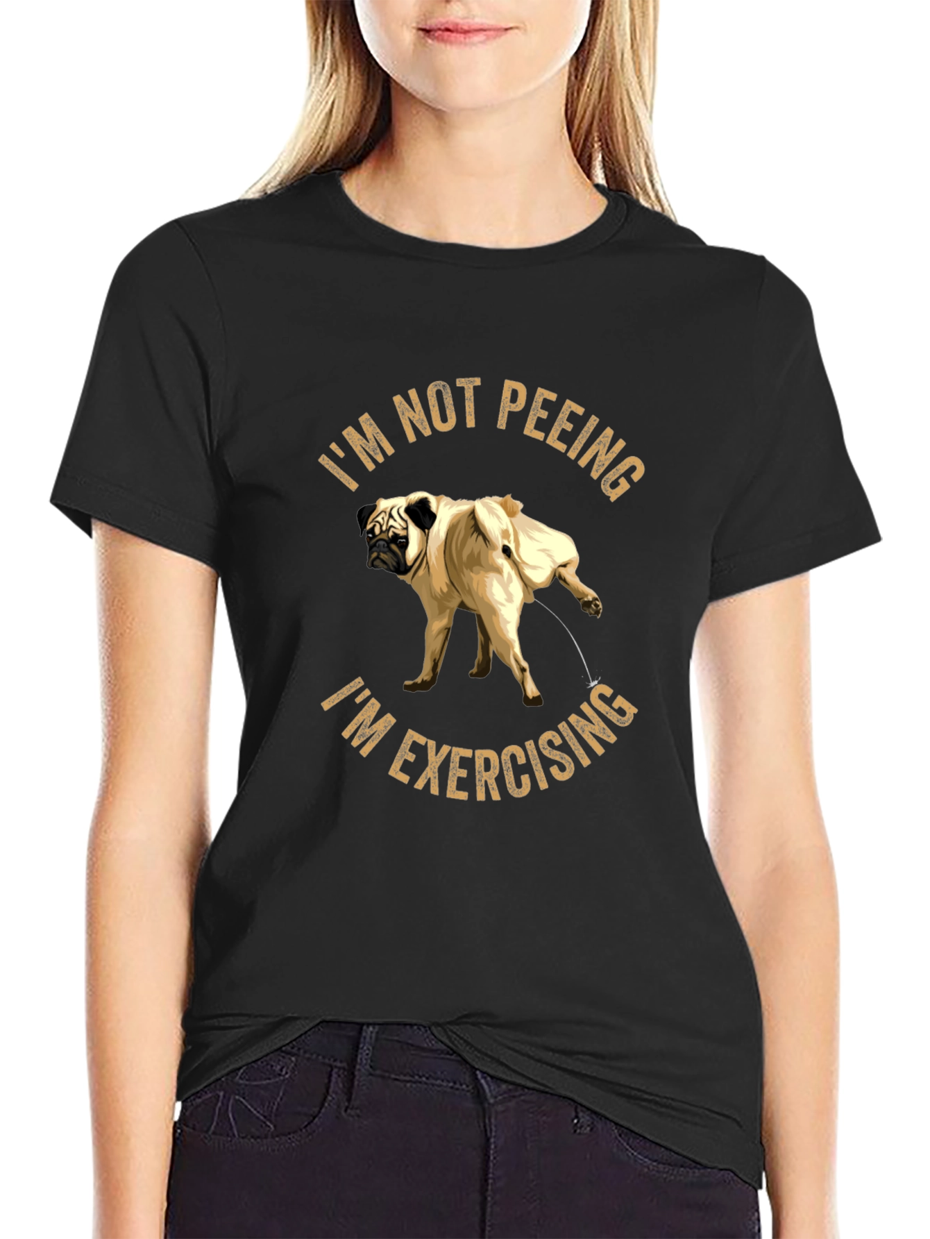 Black Funny Pug "Exercising" Black T-Shirt view 2