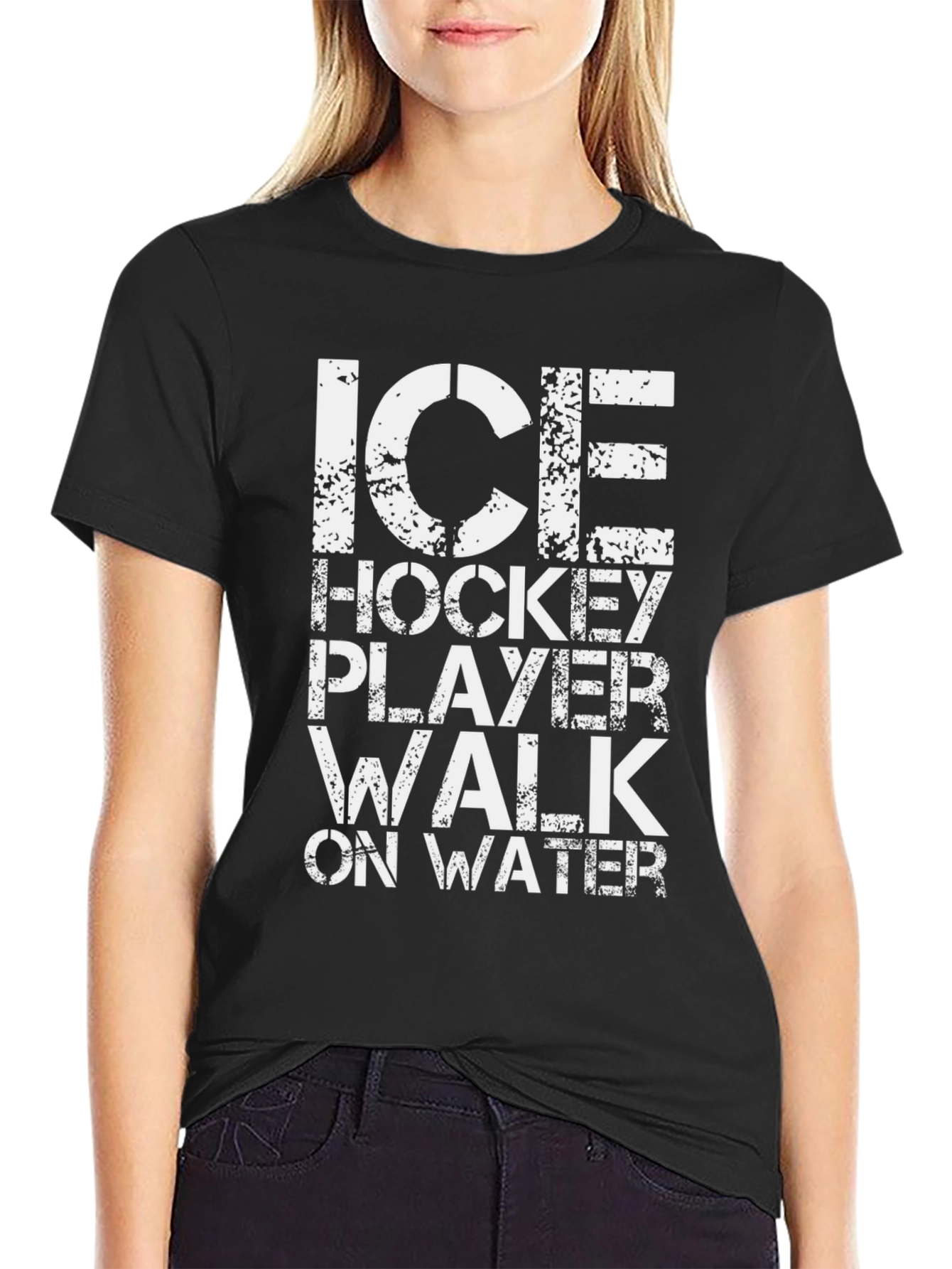 Black Ice Hockey Player Walk on Water Black T-Shirt view 2
