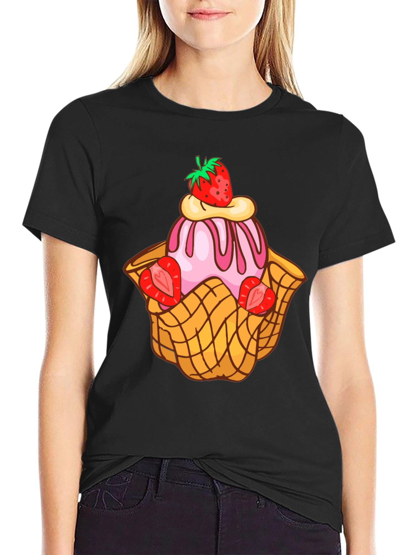 Black Strawberry Ice Cream Dessert T-Shirt view 2