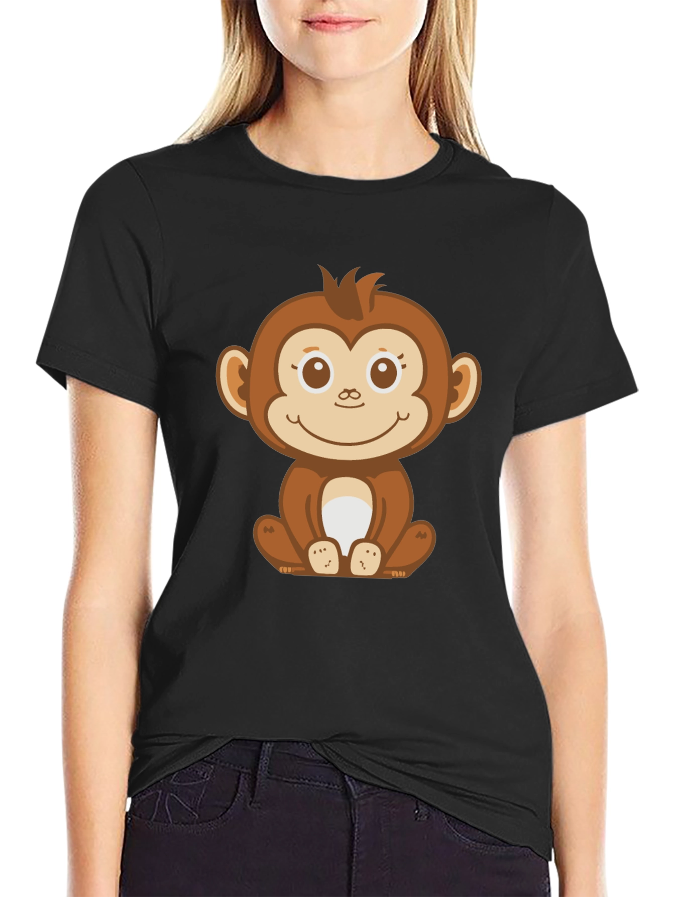 Black Cute Monkey Graphic Black T-Shirt view 2