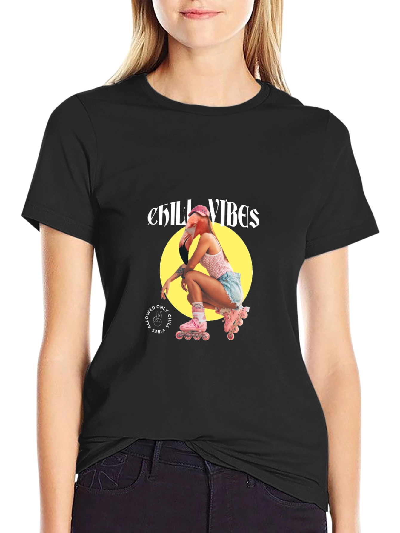 Chill Vibes Flamingo Roller Skate Graphic T-Shirt - 2