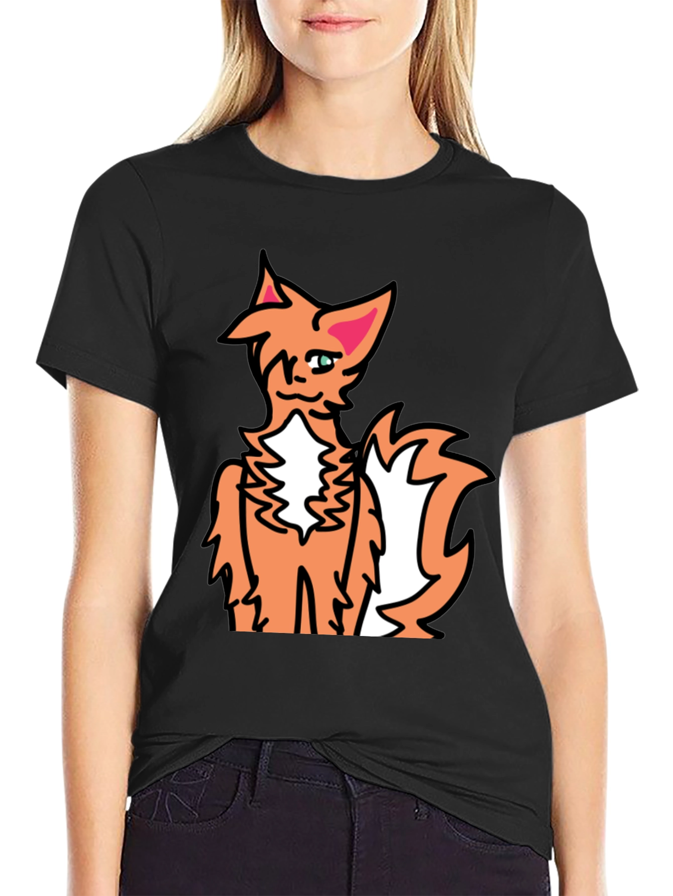 Black Cartoon Fox Graphic Black Tee view 2