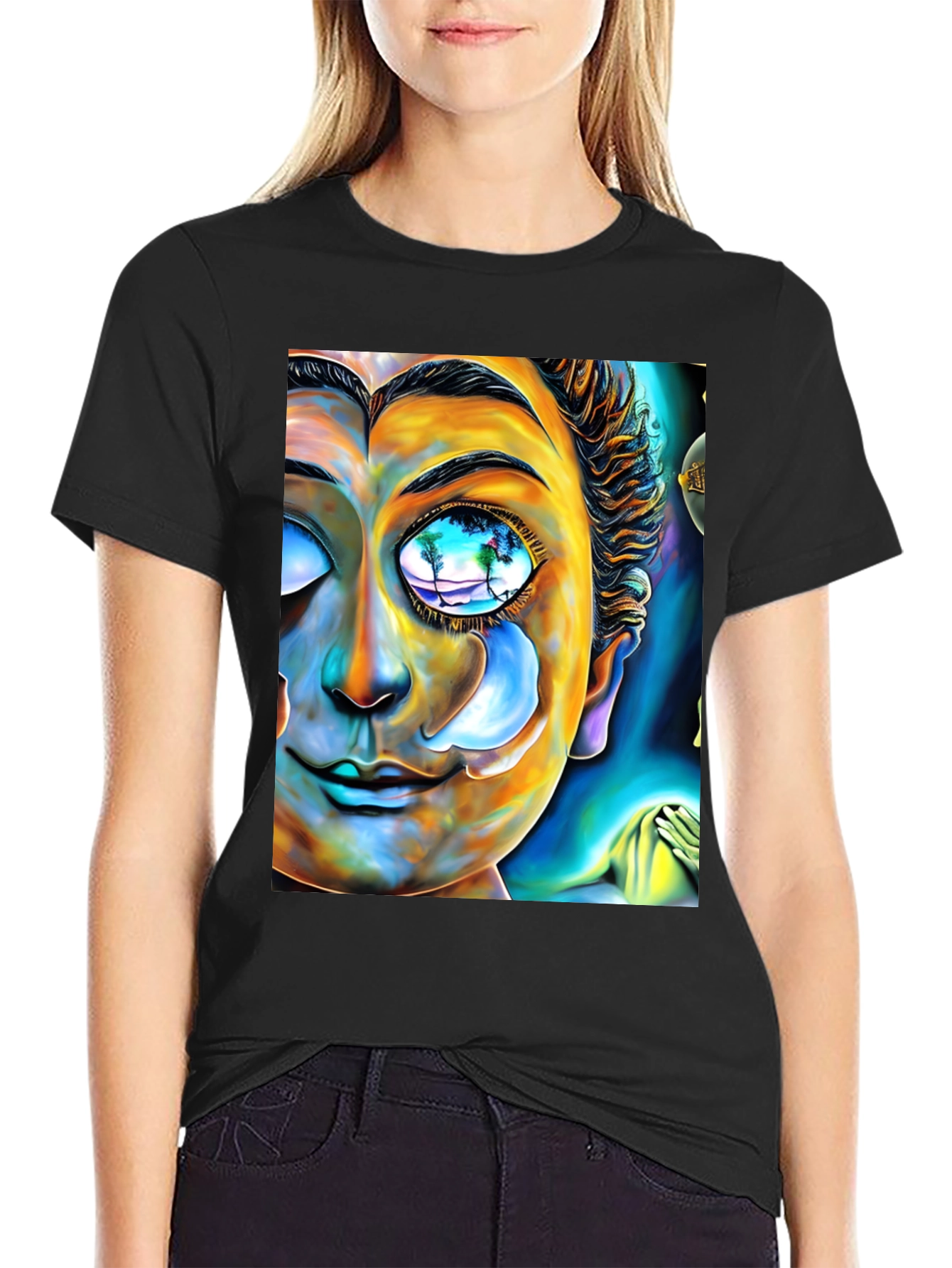 Black Abstract Buddha Face Graphic Tee - Unique Artistic Design view 2