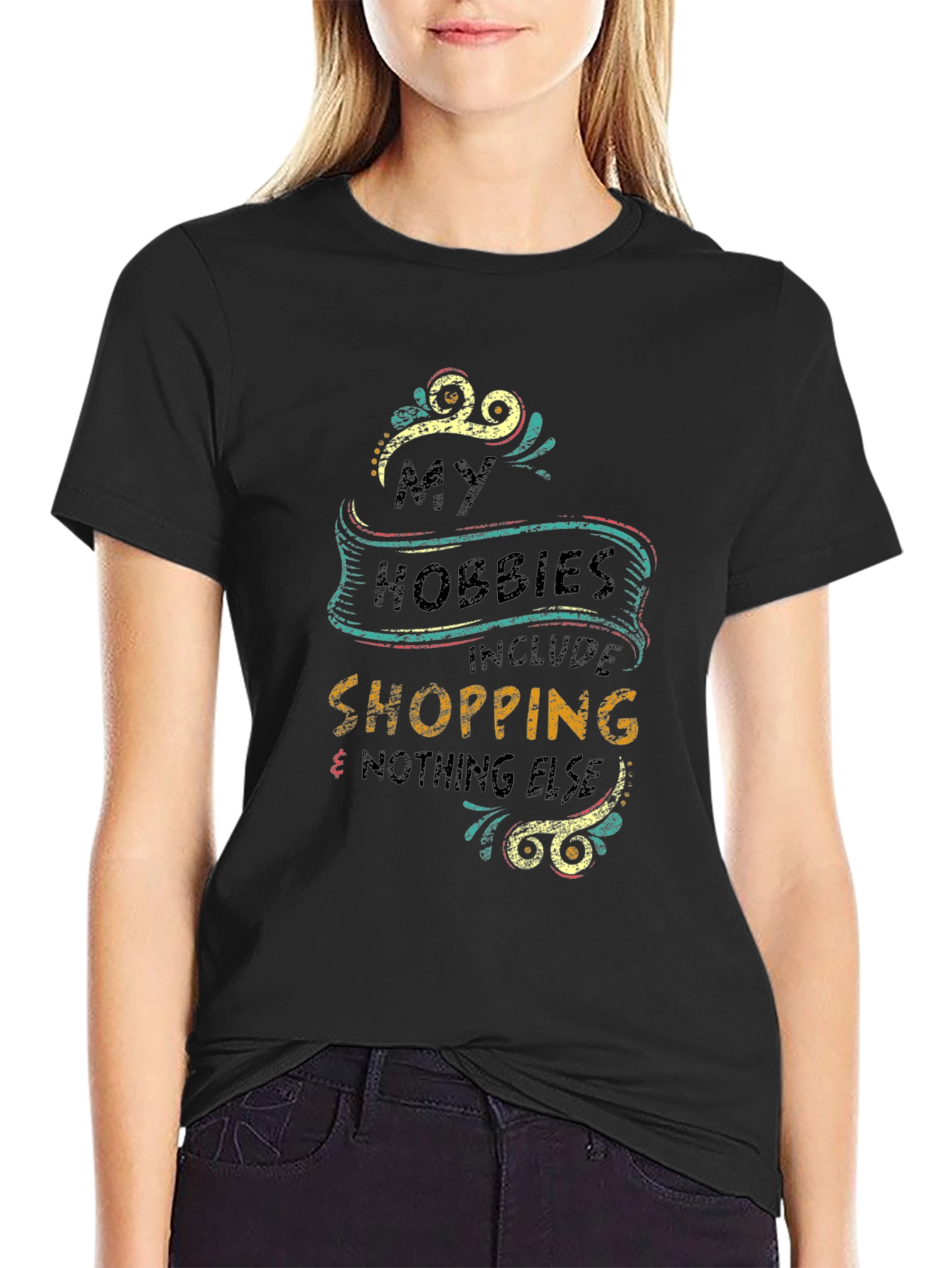 Black My Hobbies Include Shopping Graphic T-Shirt view 2