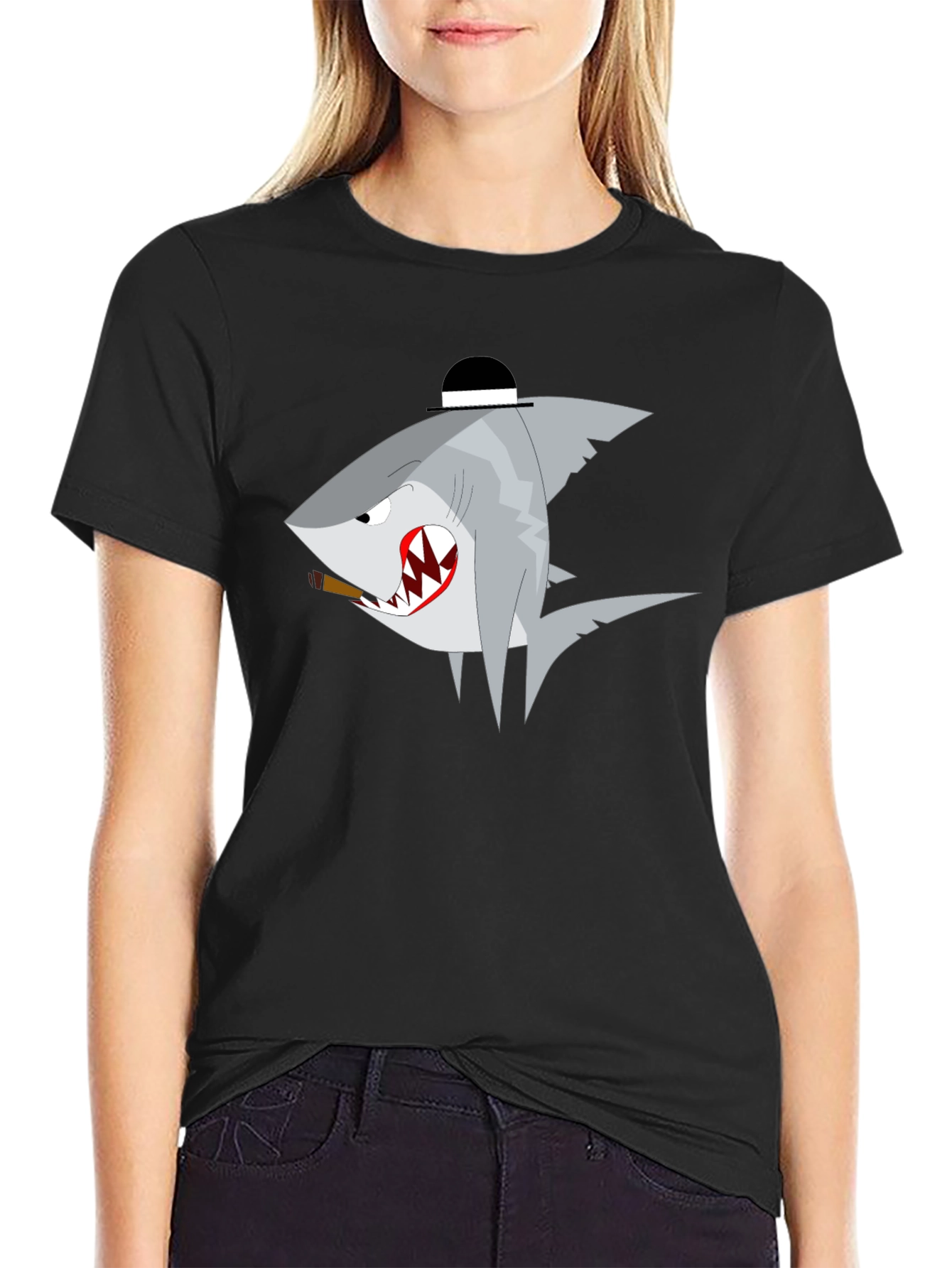 Black Shark with Hat Graphic T-Shirt - Novelty Tee view 2