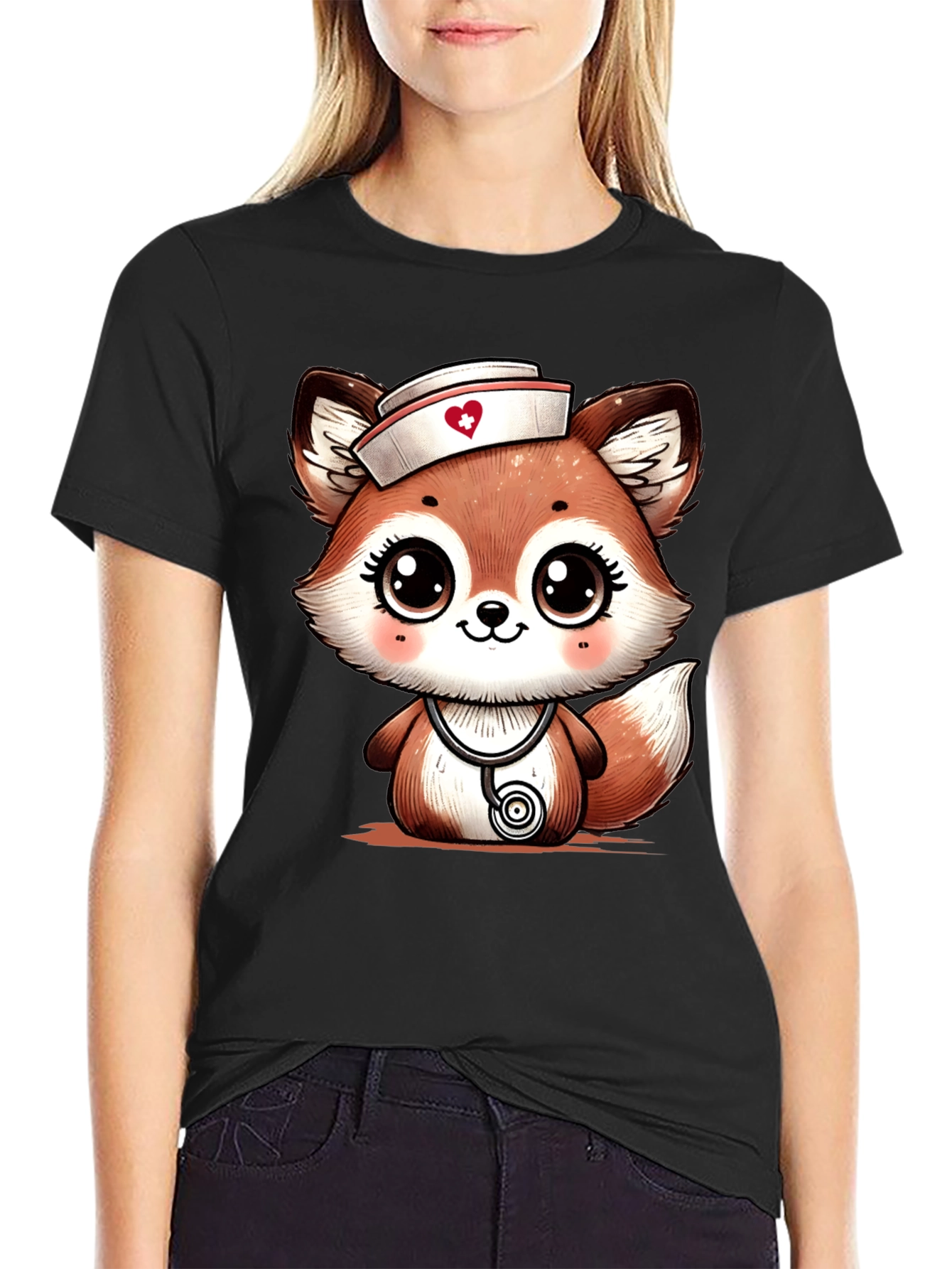 Black Cute Fox Nurse T-Shirt - Cartoon Animal Tee view 2