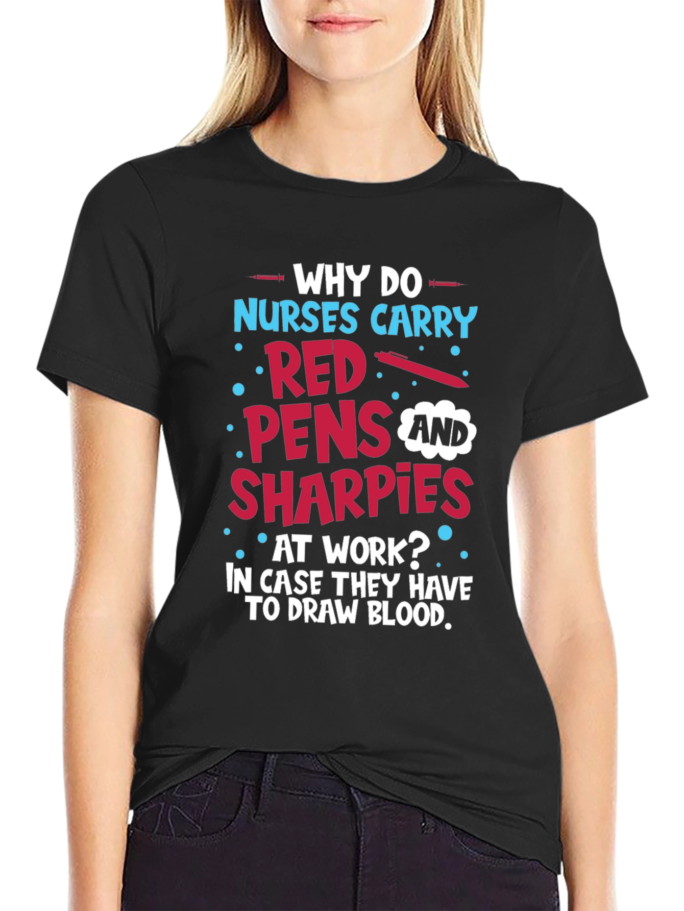 Black Funny Nurse T-Shirt: Red Pens & Sharpies view 2