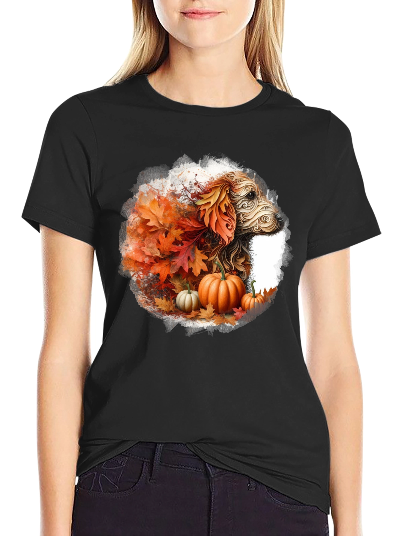 Black Fall Dog T-Shirt: Autumn Leaves & Pumpkin Design view 2