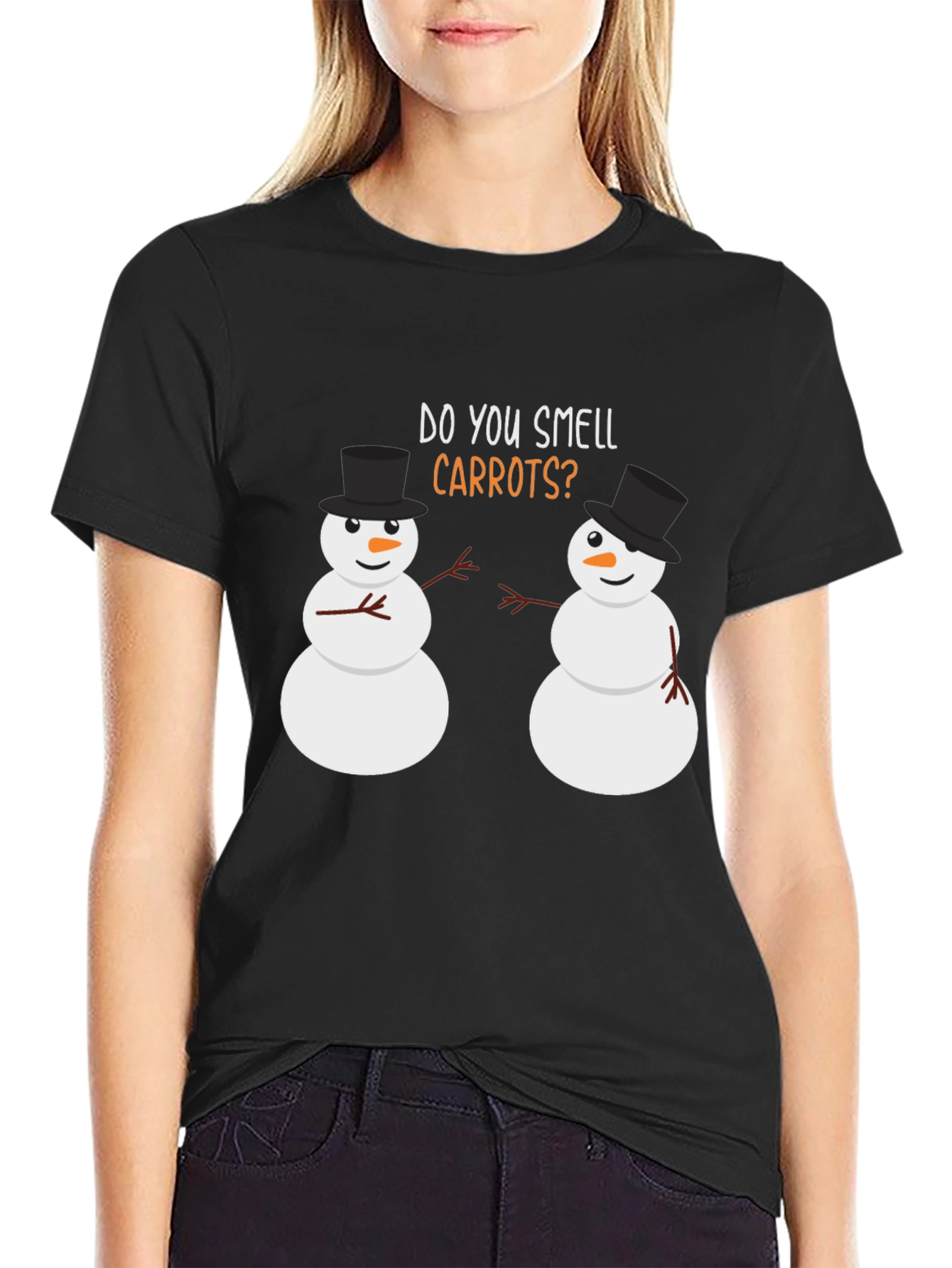 Black Funny Snowman T-Shirt - Do You Smell Carrots? view 2