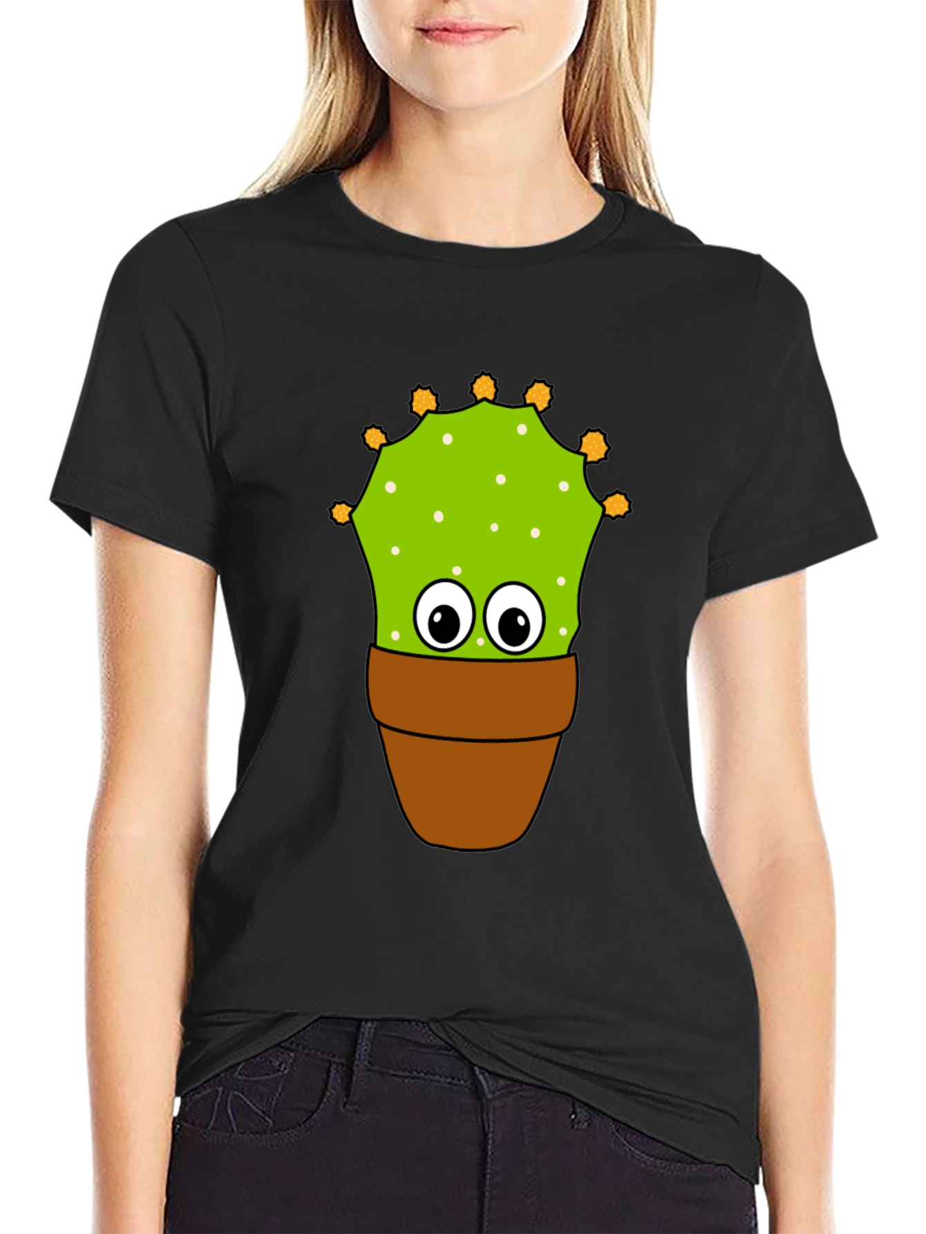 Black Funny Cactus Potted Plant Graphic Tee - Black view 2