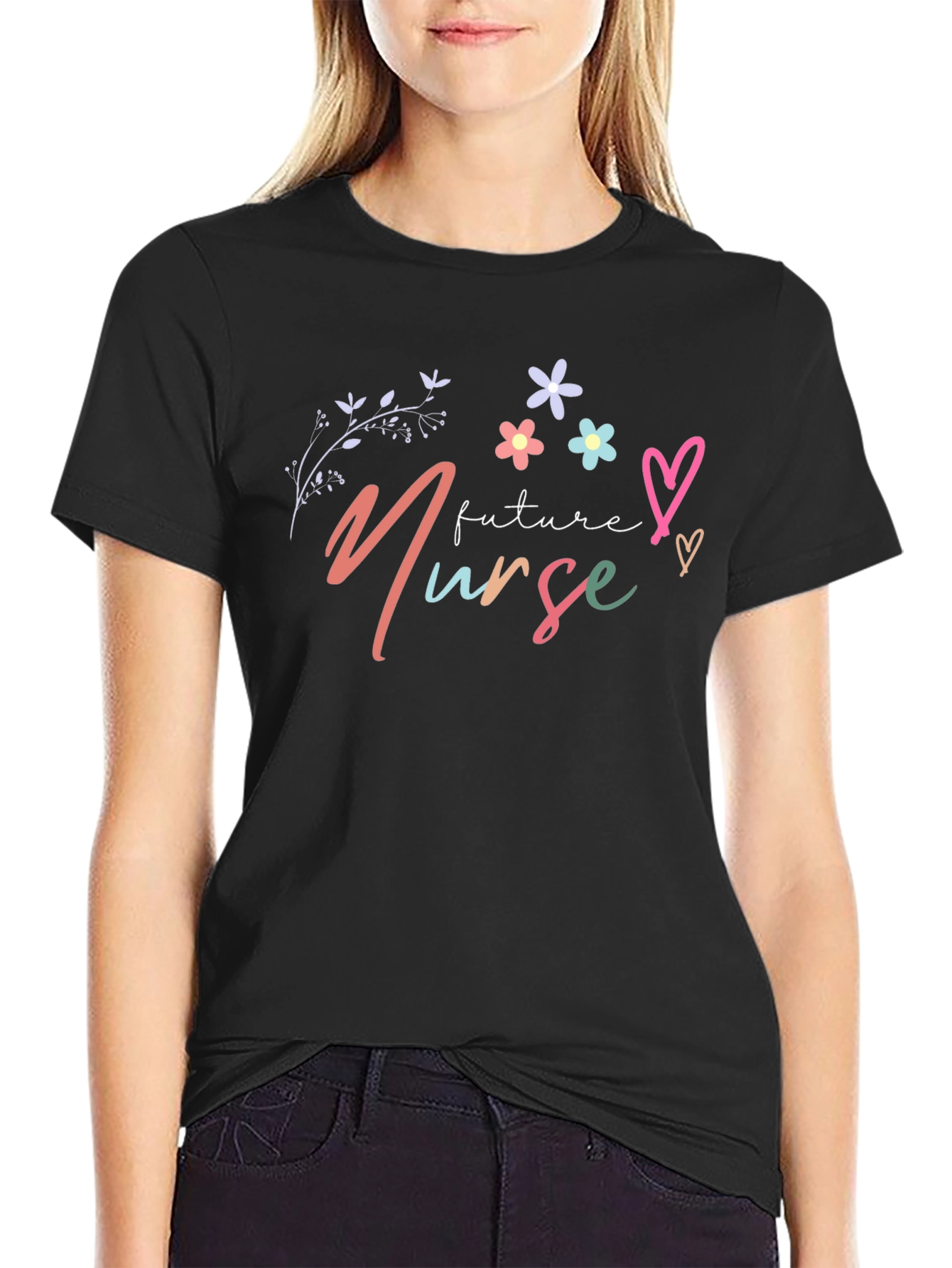 Black Future Nurse T-Shirt - Floral Design view 2