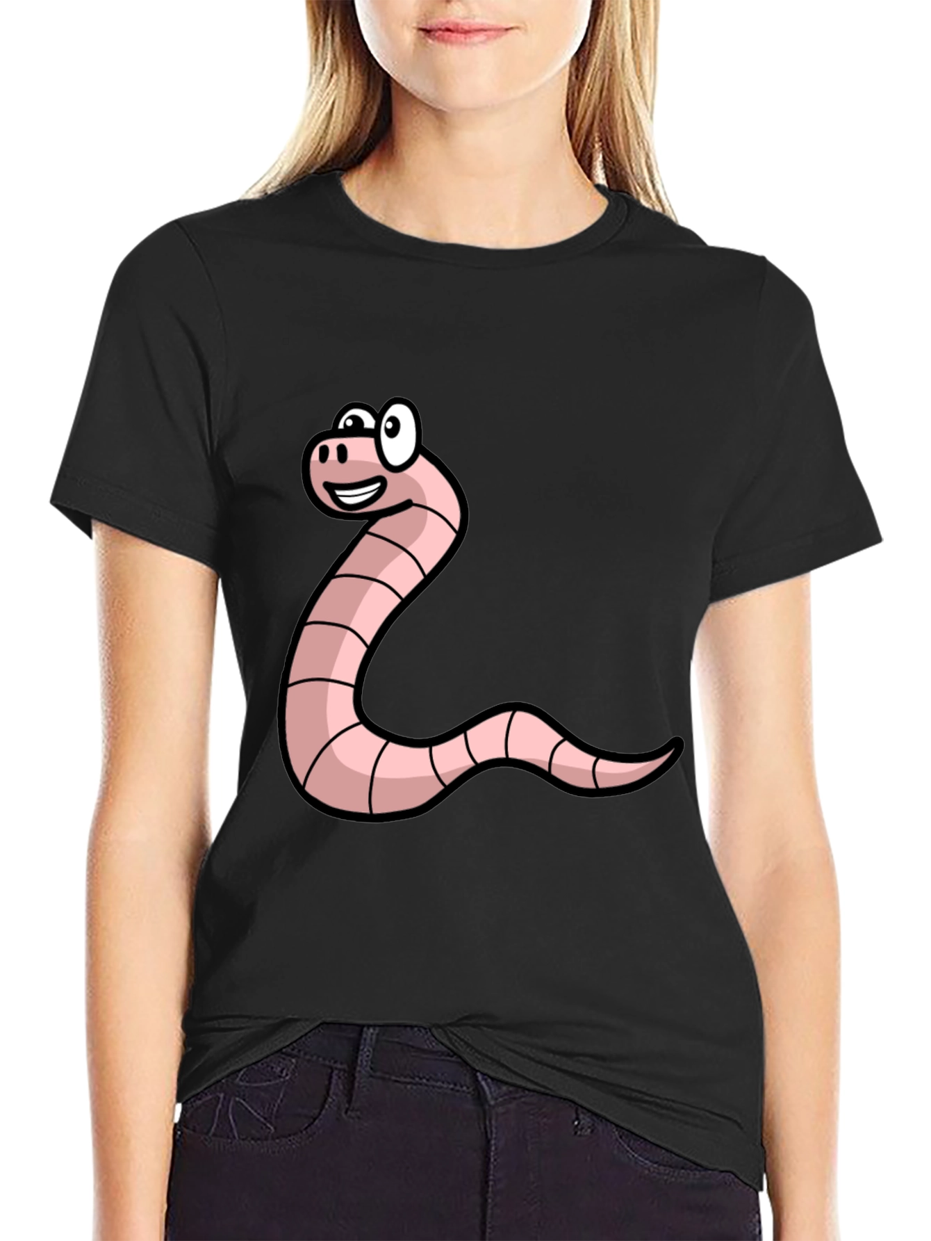 Black Funny Worm Cartoon Graphic Tee - Black Unisex T-Shirt view 2